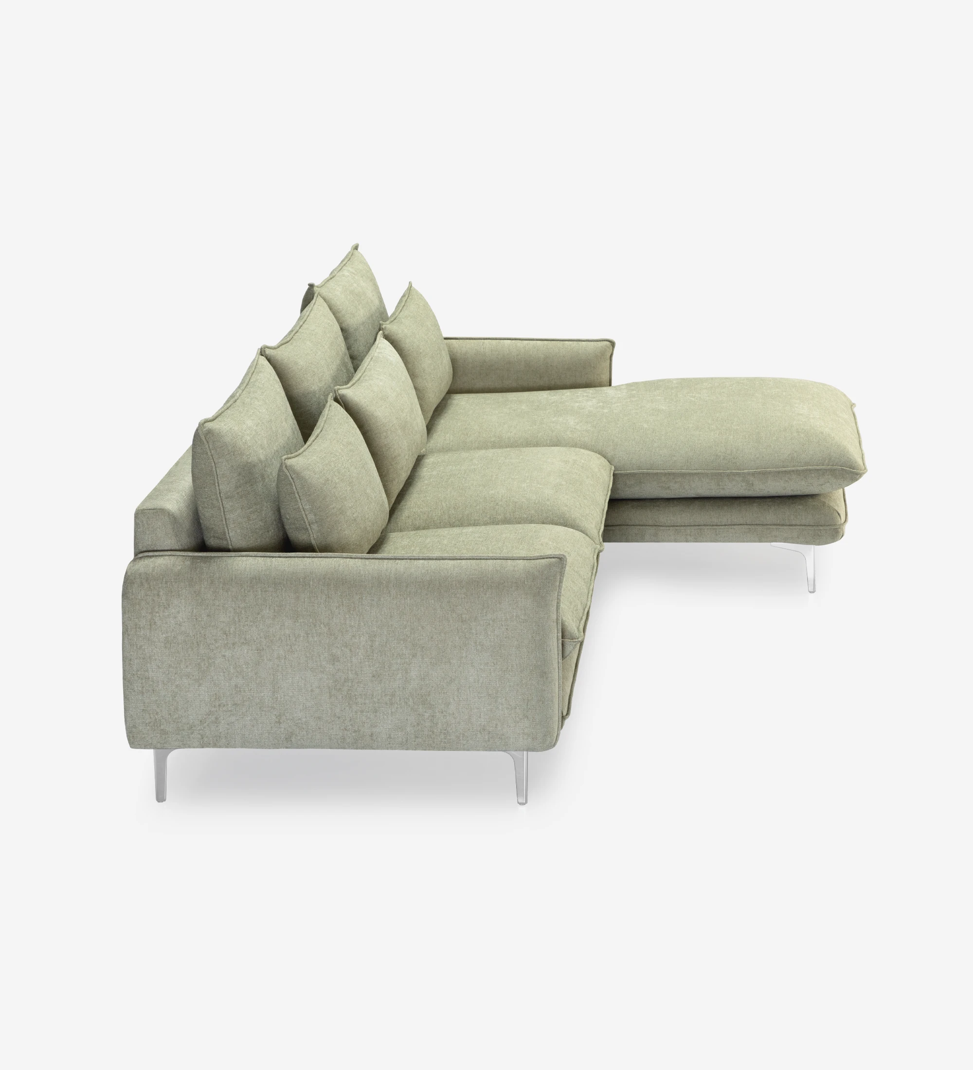 Veneza 2-seater sofa and left chaise longue, upholstered in green fabric, metal feet, 259 cm.