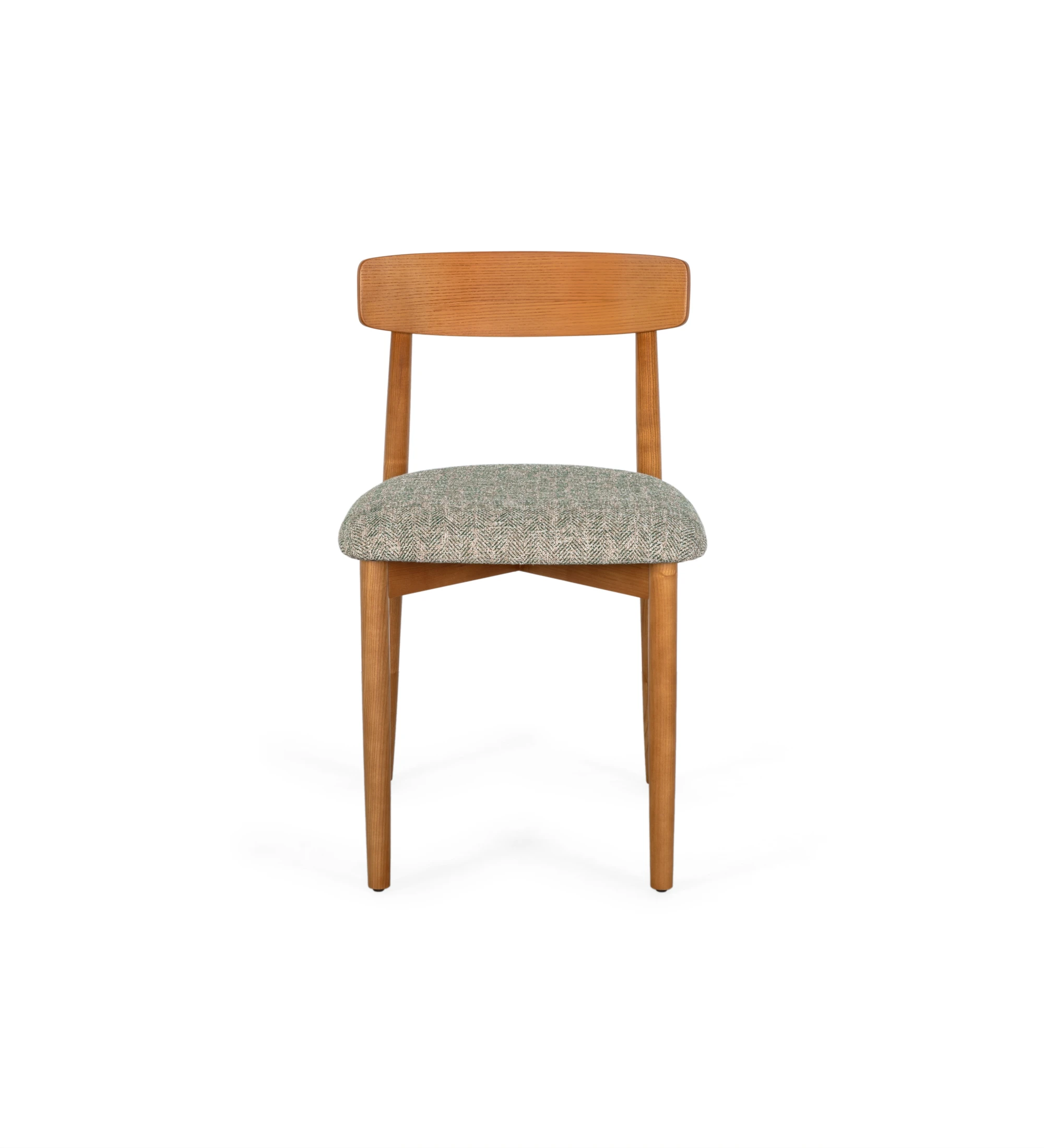 Honey colored wooden chair with fabric upholstered seat