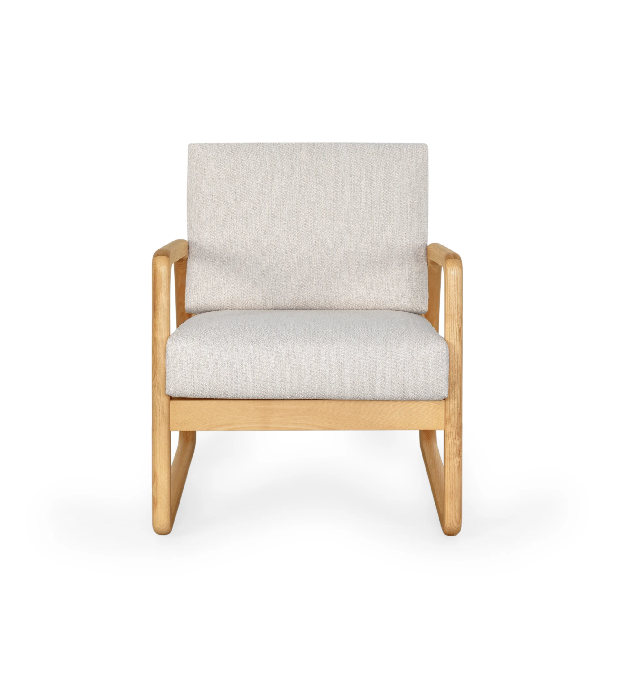 Antarte by AI Armchair upholstered in light gray fabric, structure in natural wood.