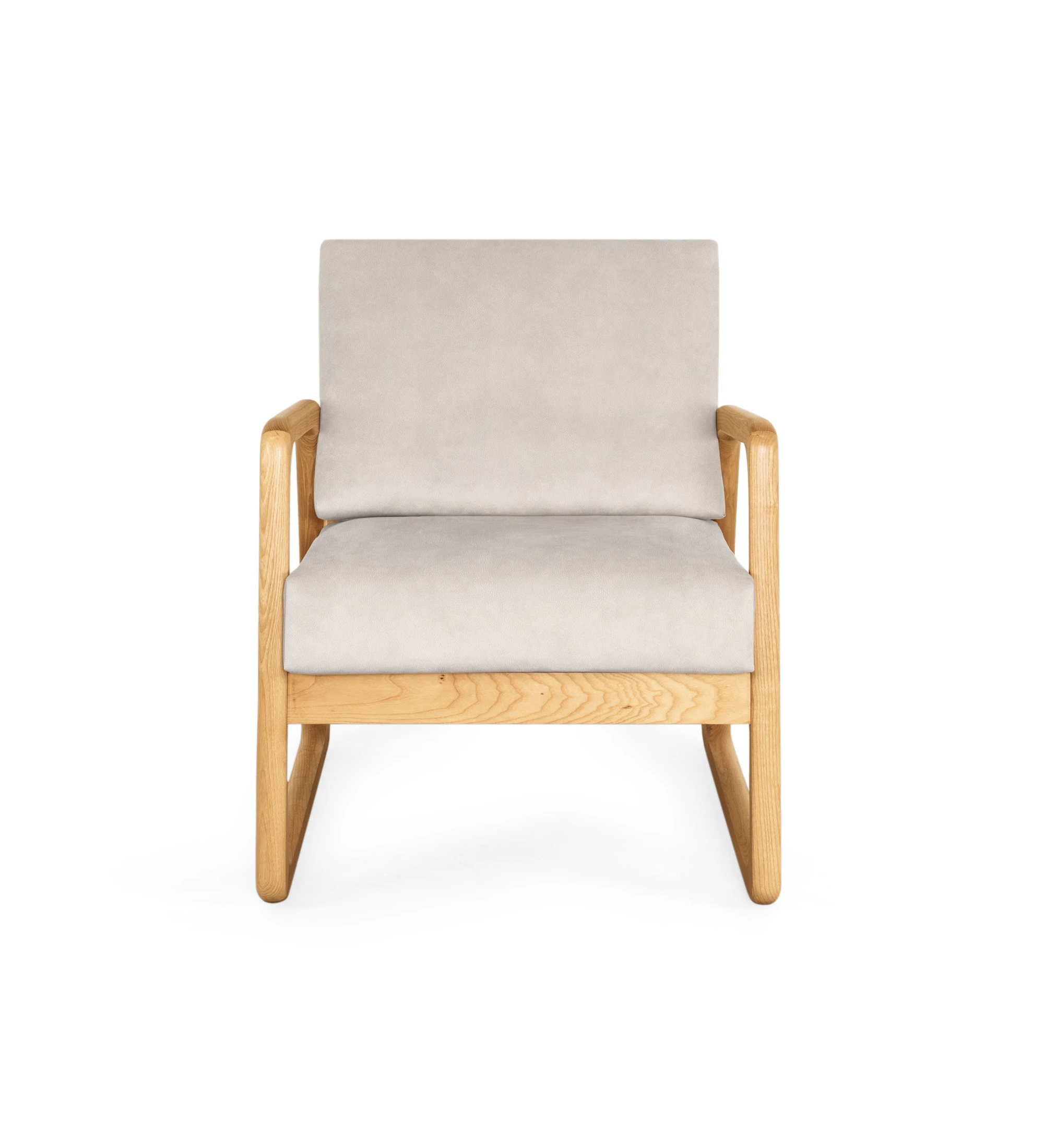 Fauteuil Antarte by IA recouvert en tissu, structure en bois naturel.