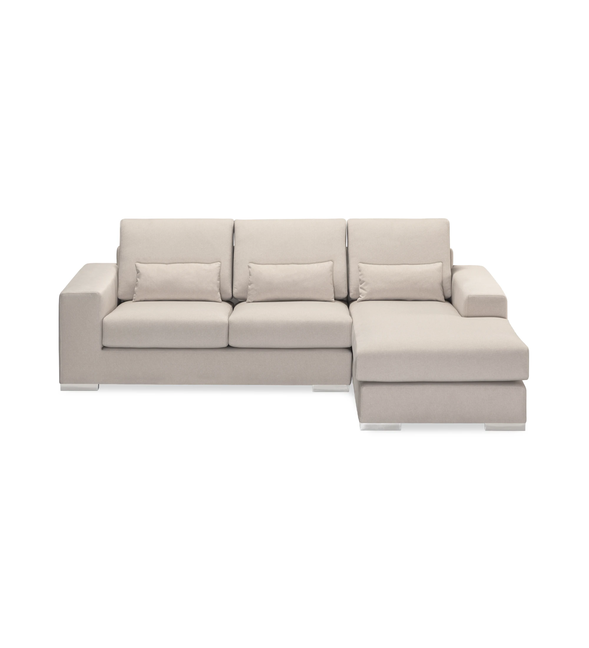 Canapé Geneve 2 places et chaise longue gauche, recouvert en tissu beige, 241 cm.