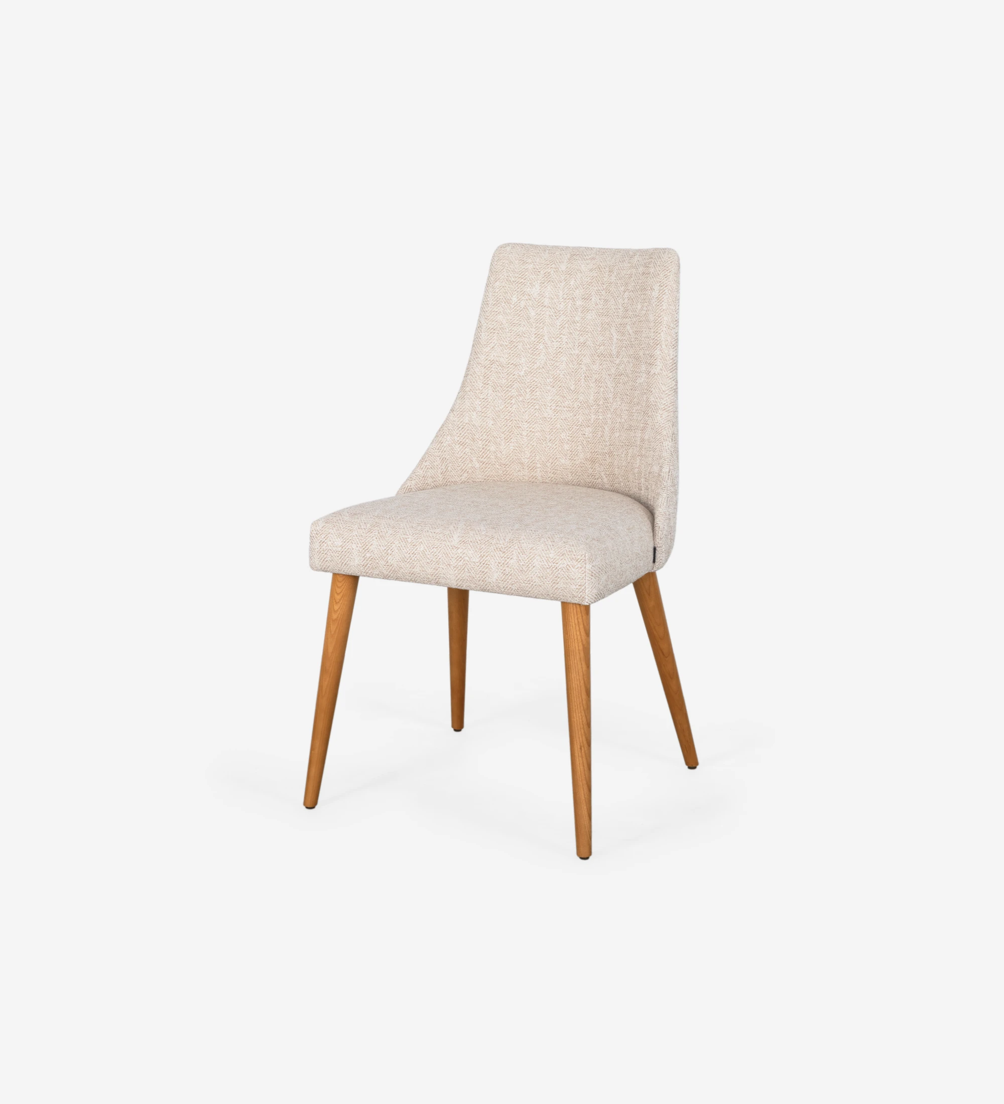 Oslo chair upholstered in beige fabric and honey-colored wooden legs.