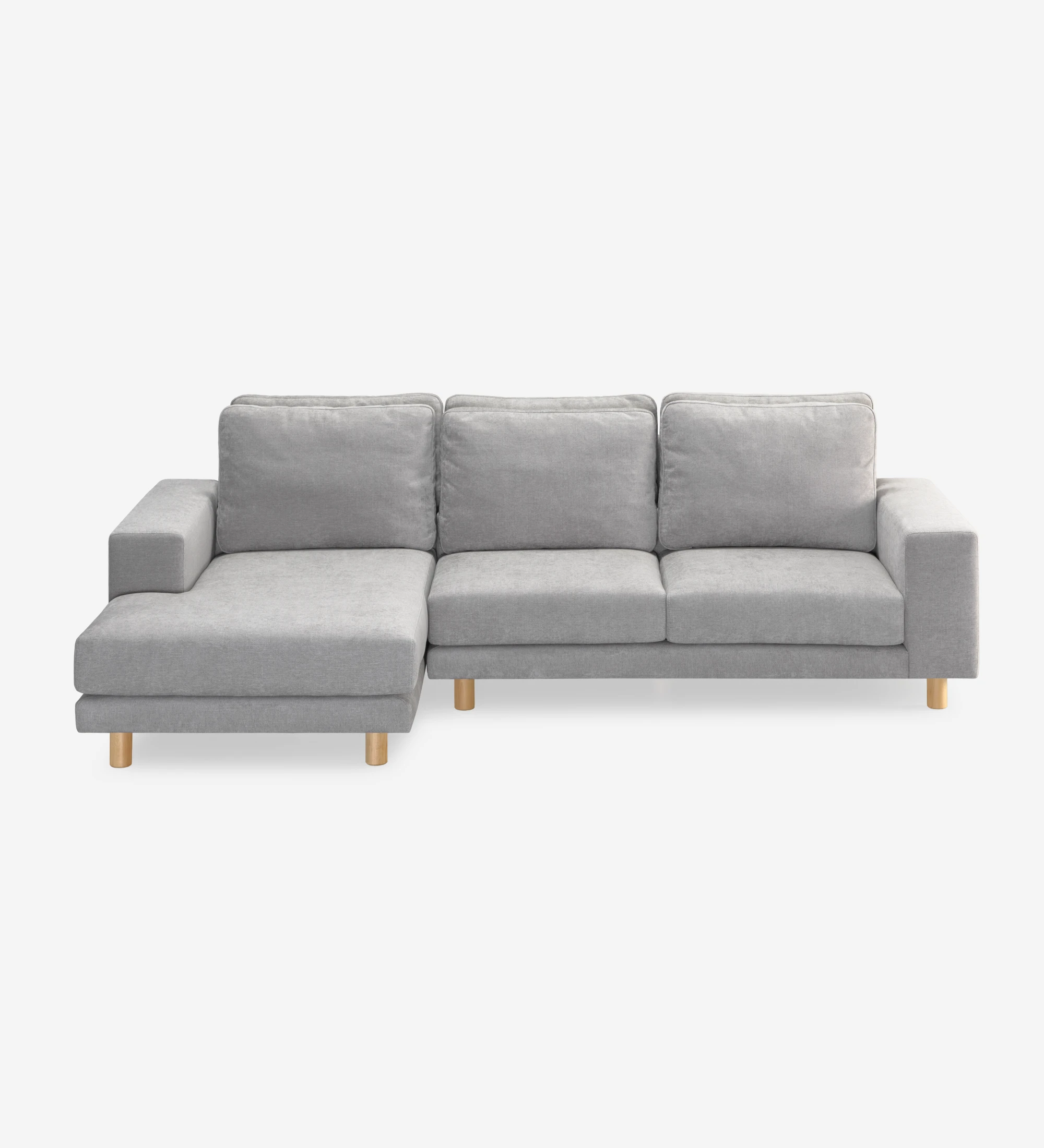 Dallas 2-seater sofa and left chaise longue, upholstered in pearl fabric, folding back cushions, feet in natural color ash, 273 cm.