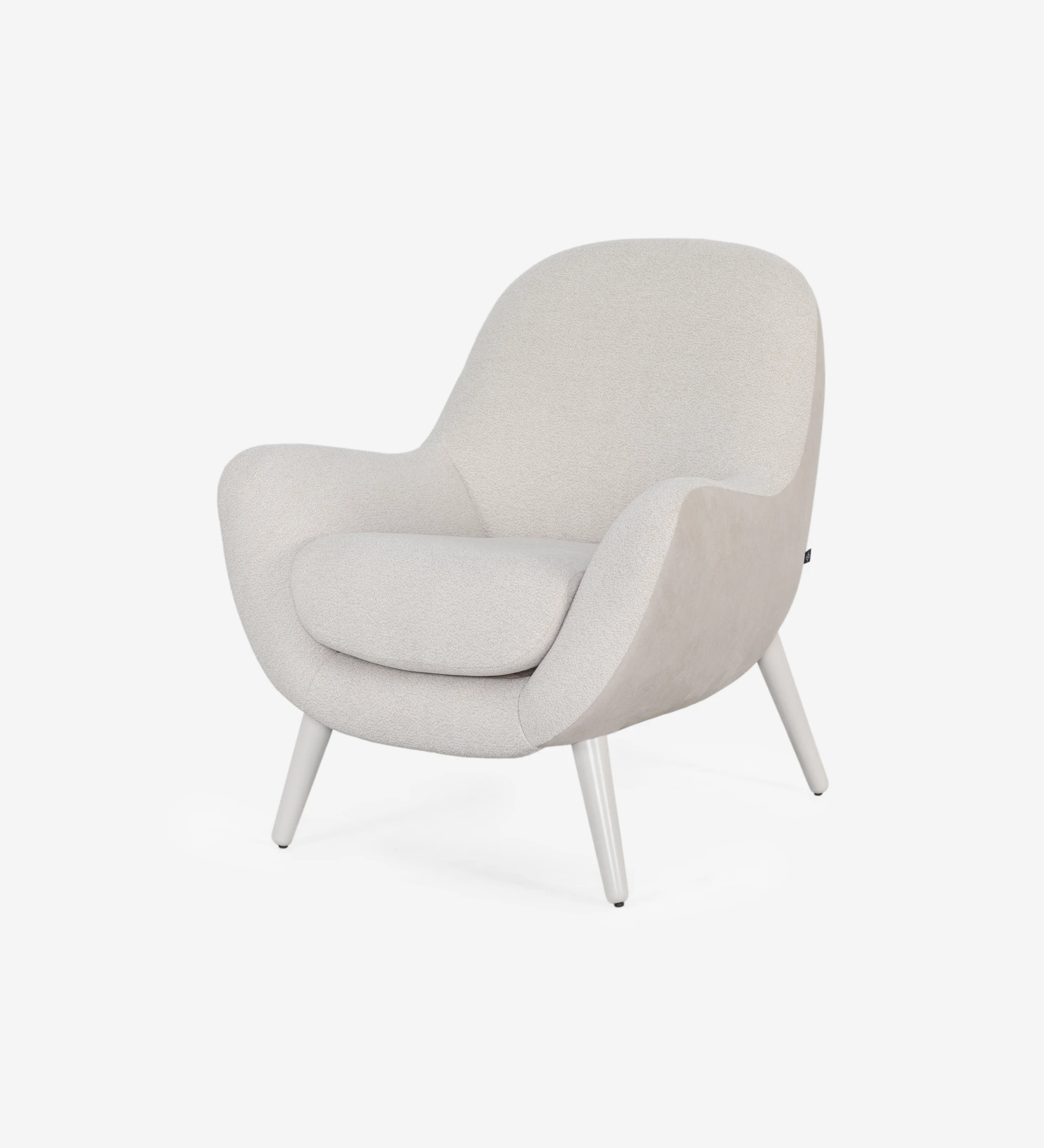 Oslo armchair upholstered in beige fabric,pearl lacquered feet.