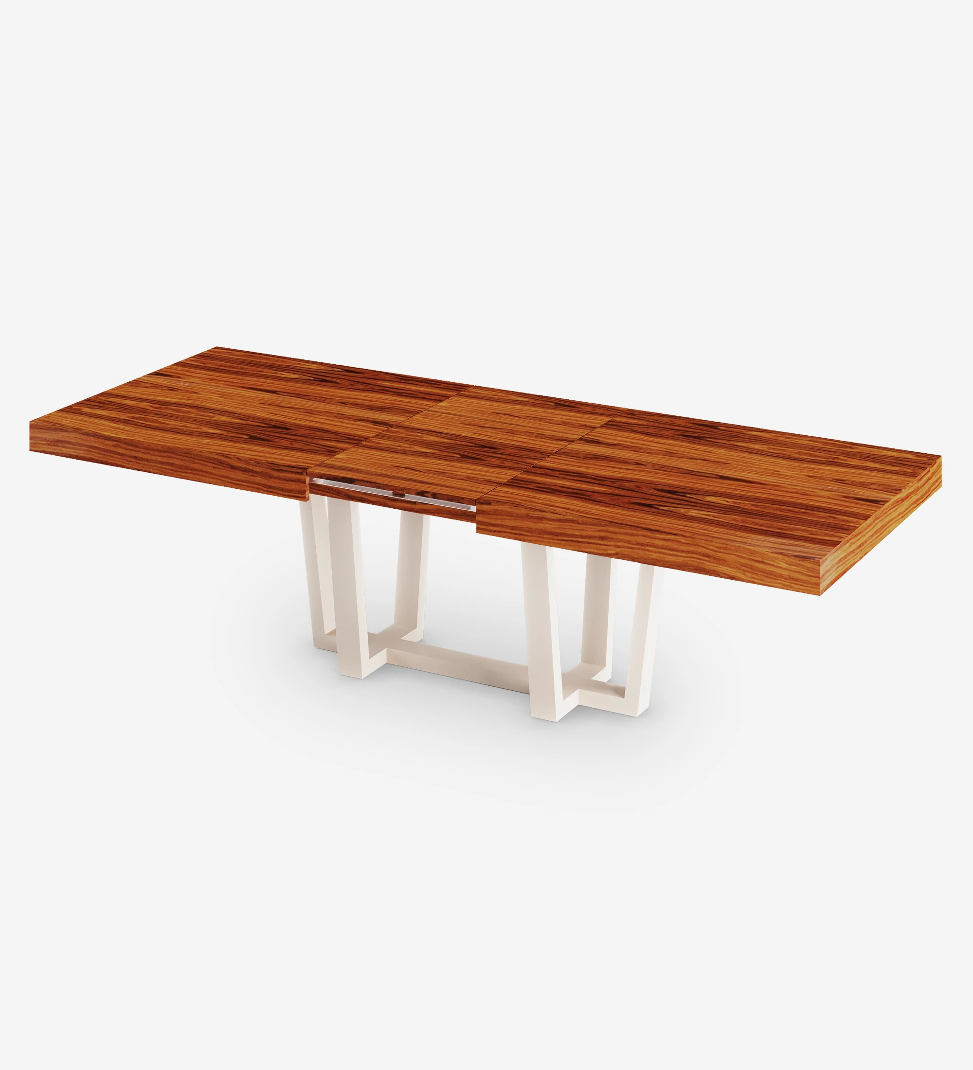 Rectangular extendable dining table with high gloss palissander top and pearl lacquered foot.