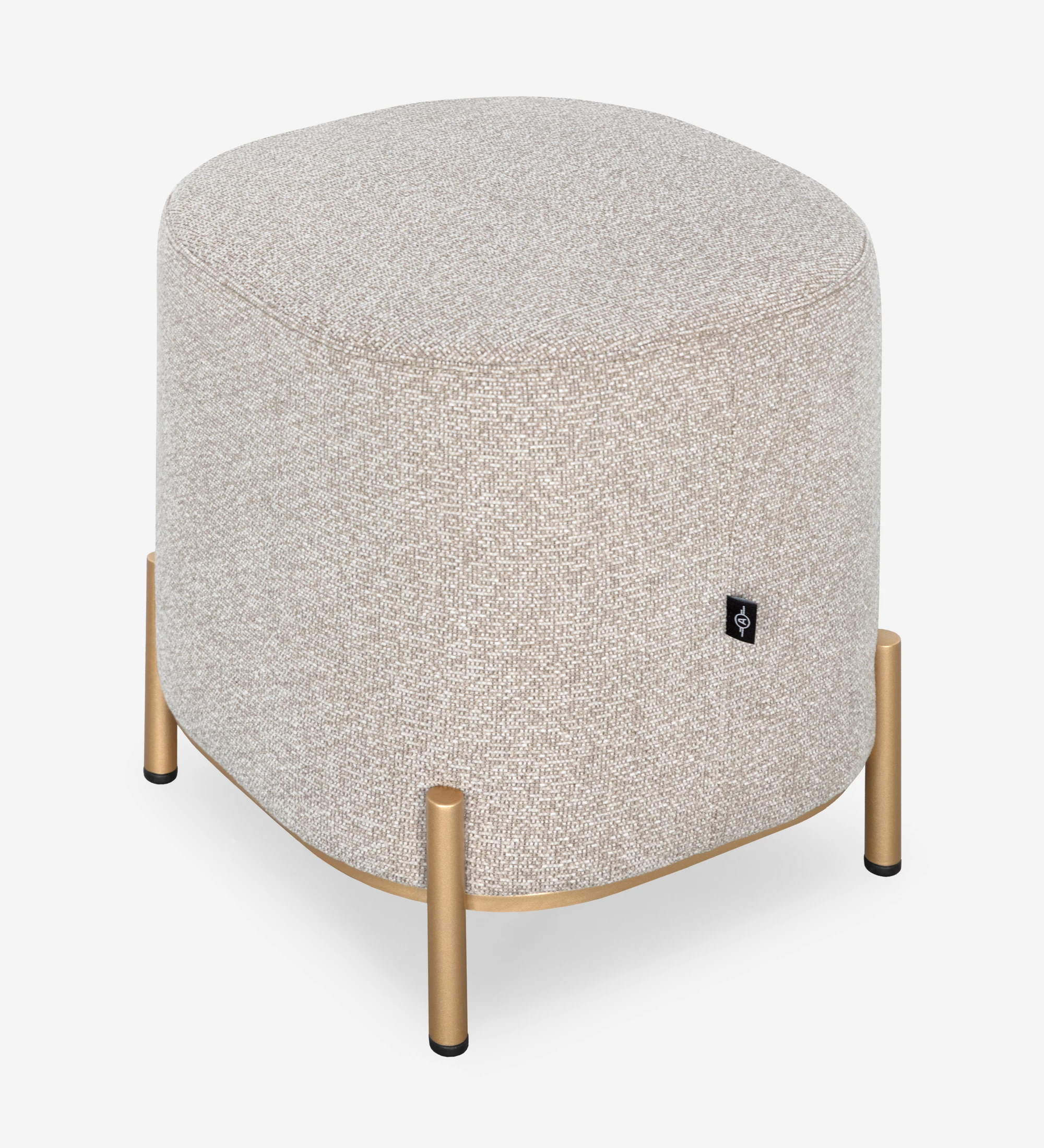 Pouf Cannes carré, recouvert en tissu toffee, pieds métalliques laqués or, 38 x 38 cm.