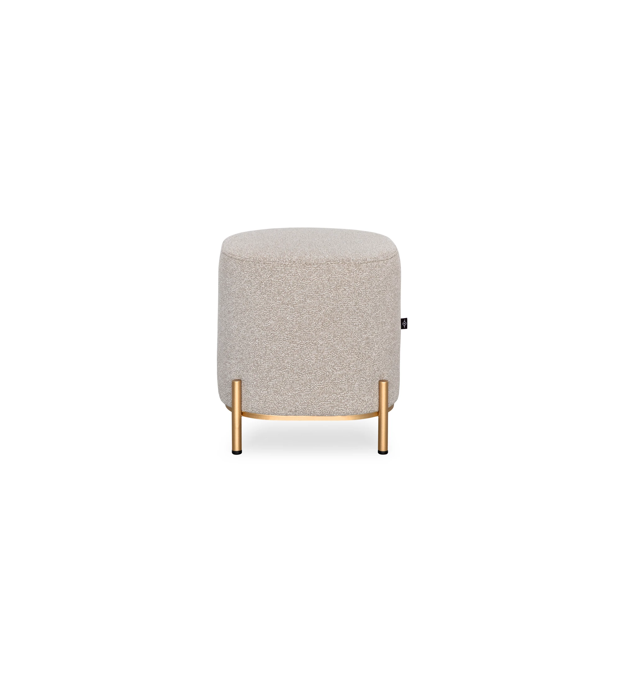 Pouf Cannes carré, recouvert en tissu toffee, pieds métalliques laqués or, 38 x 38 cm.