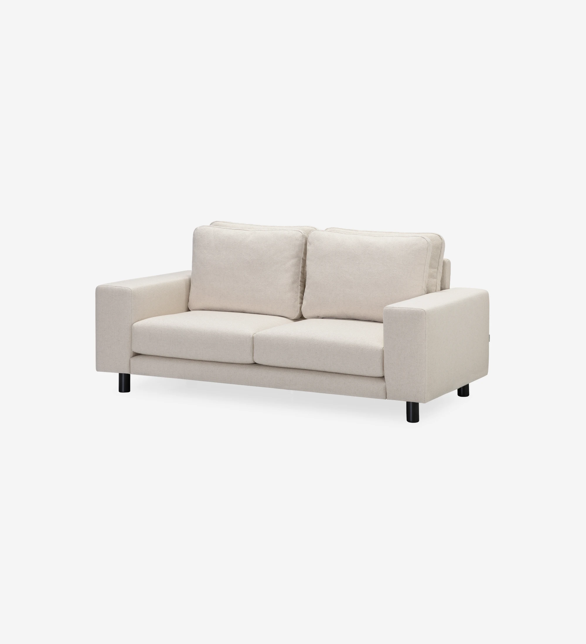 Dallas 2-seater sofa upholstered in beige fabric, folding back cushions, black lacquered feet, 195 cm.