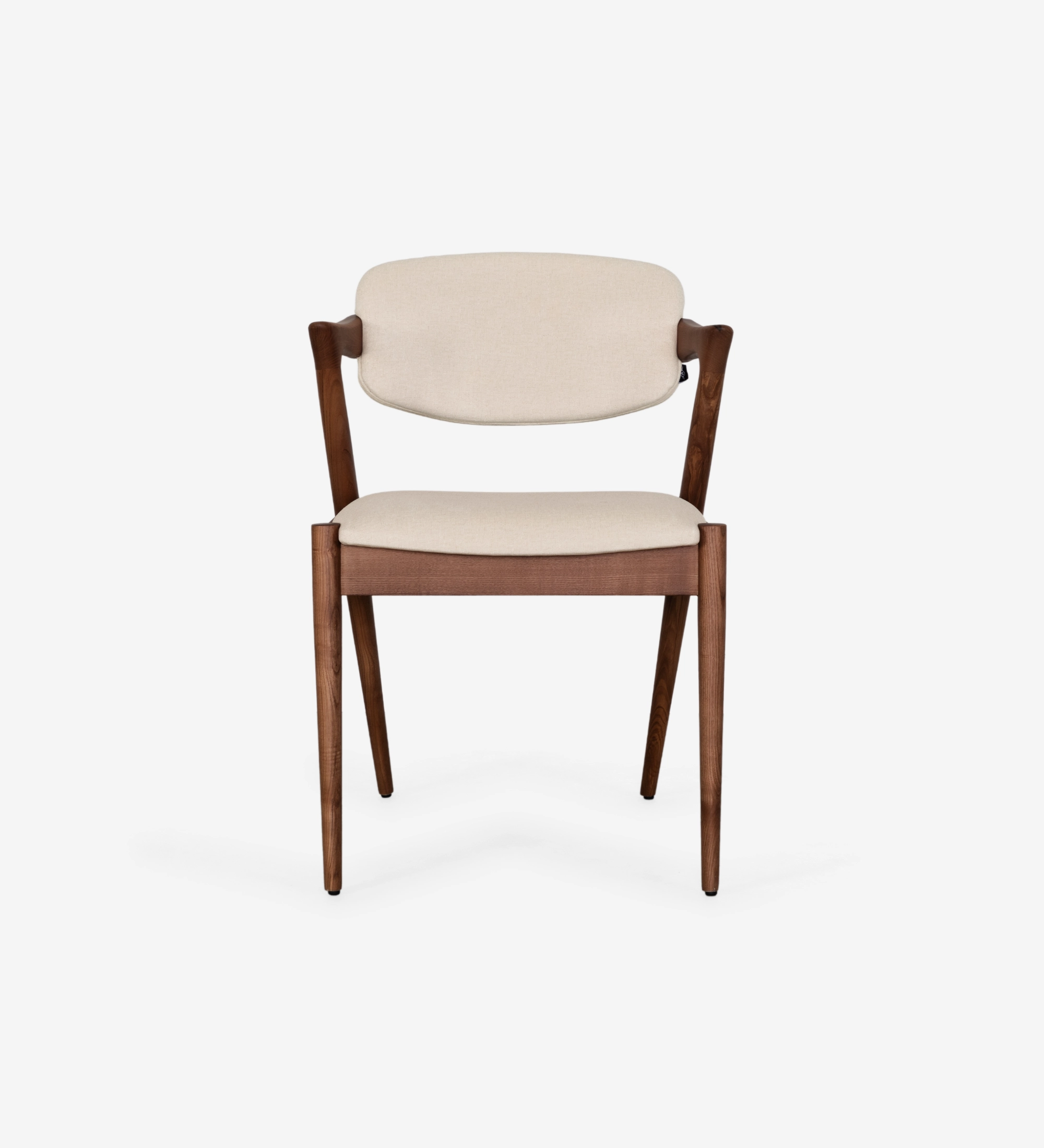 Chair in walnut-colored ash wood, with seat and back upholstered in fabric.