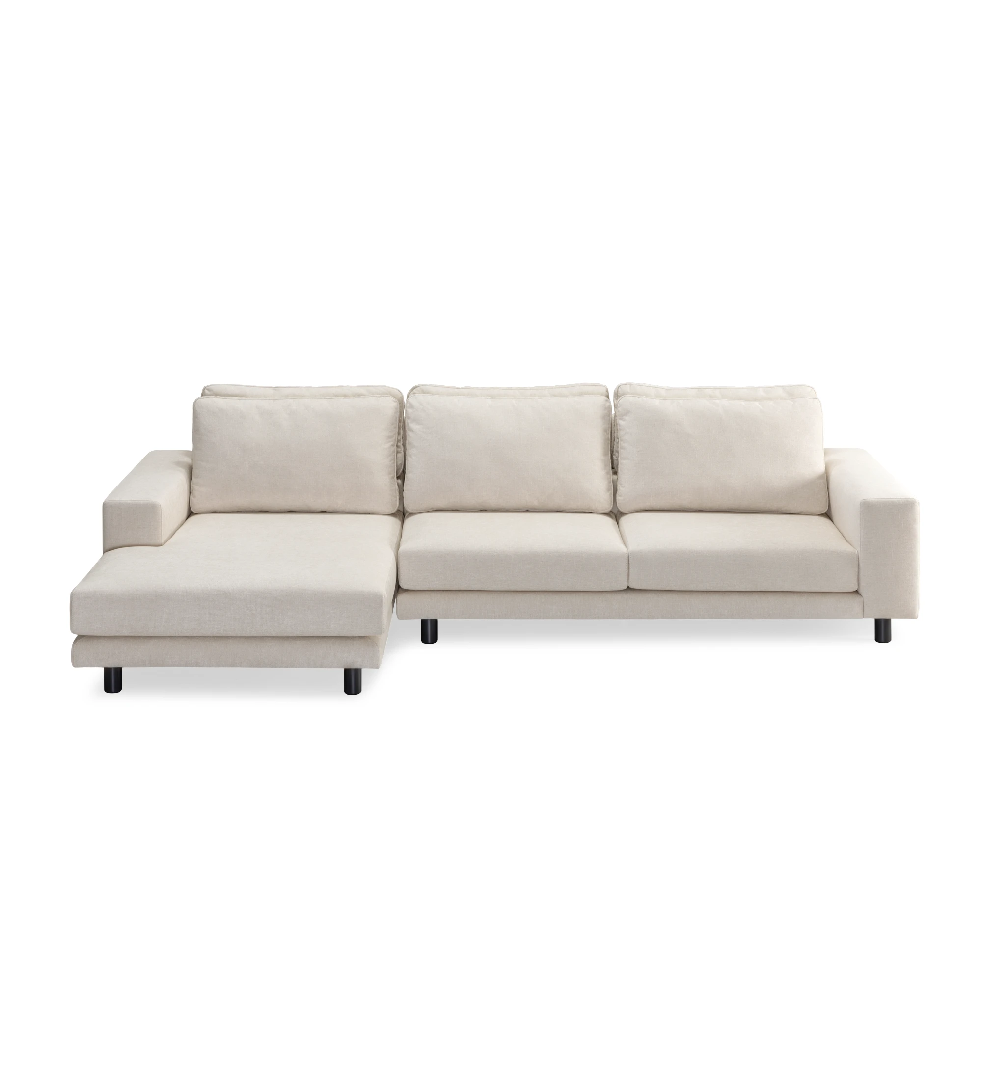 Sofá Dallas 3 plazas y chaise longue izquierda, tapizado en tela beige, cojines respaldo abatibles, pies lacados en negro, 318 cm.