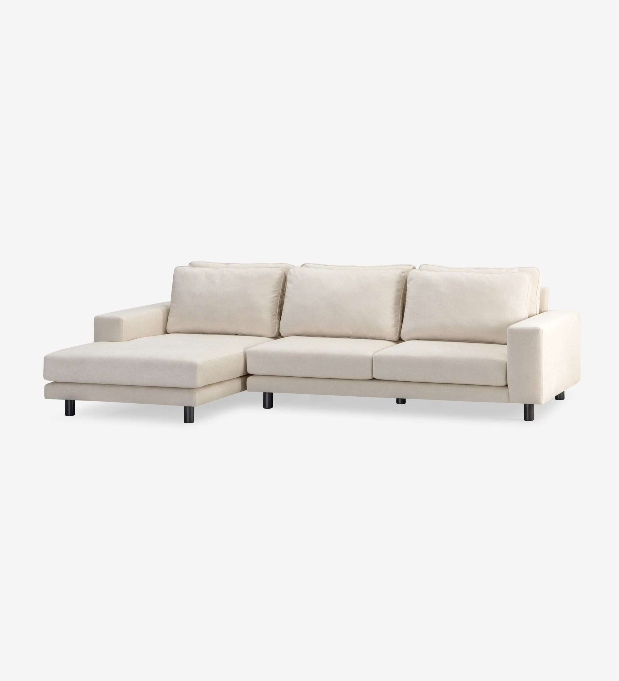 Dallas 3-seater sofa and left chaise longue, upholstered in beige fabric, folding back cushions, black lacquered feet, 318 cm.