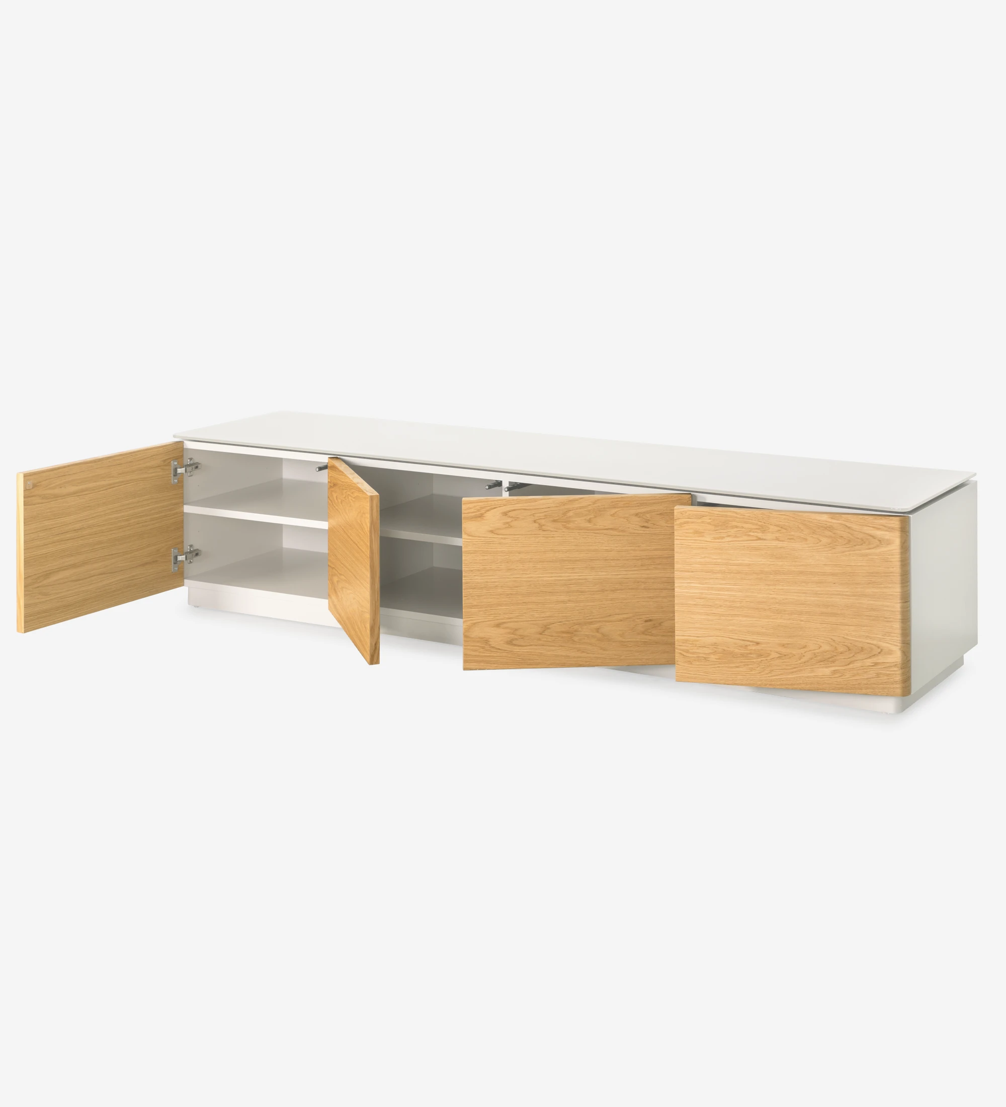 Geneve TV stand 4 doors in natural oak, glass top and pearl lacquered structure.