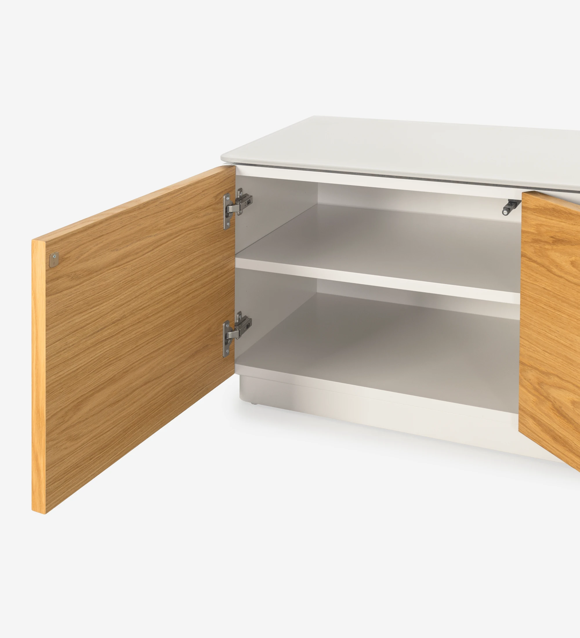 Geneve TV stand 4 doors in natural oak, glass top and pearl lacquered structure.