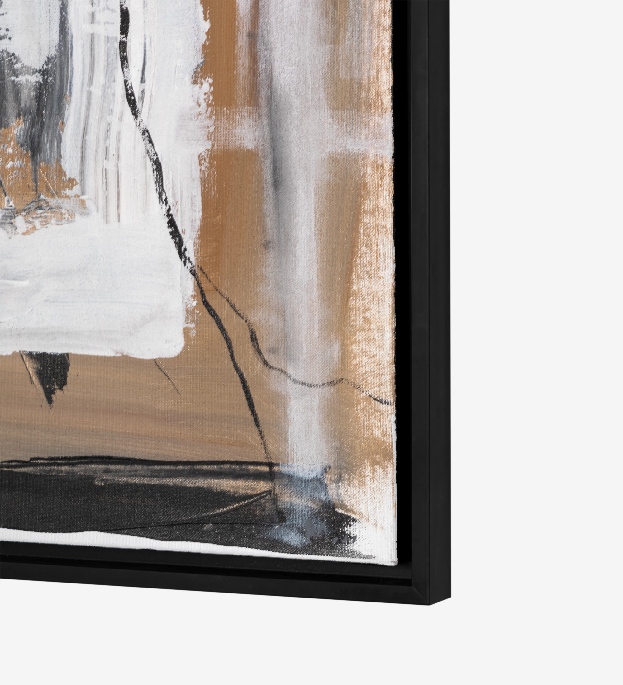 Abstract painting in beige and black tones, black wooden frame, 64 x 84 cm.