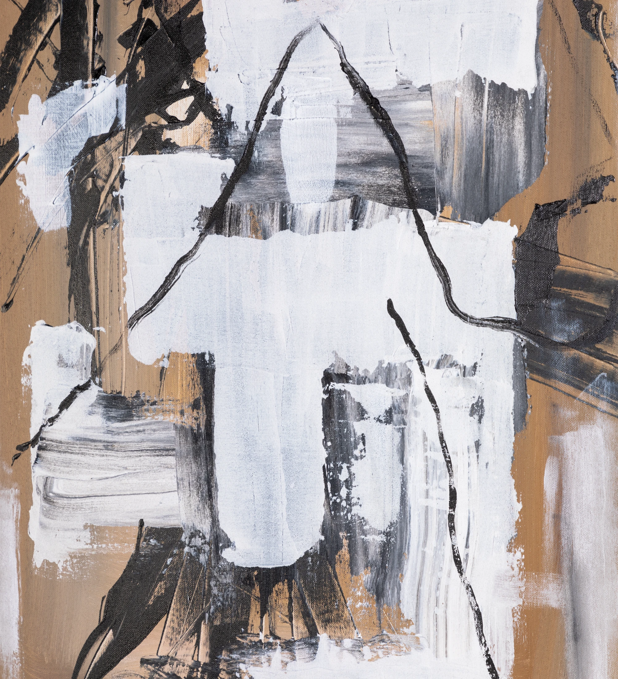 Abstract painting in beige and black tones, black wooden frame, 64 x 84 cm.