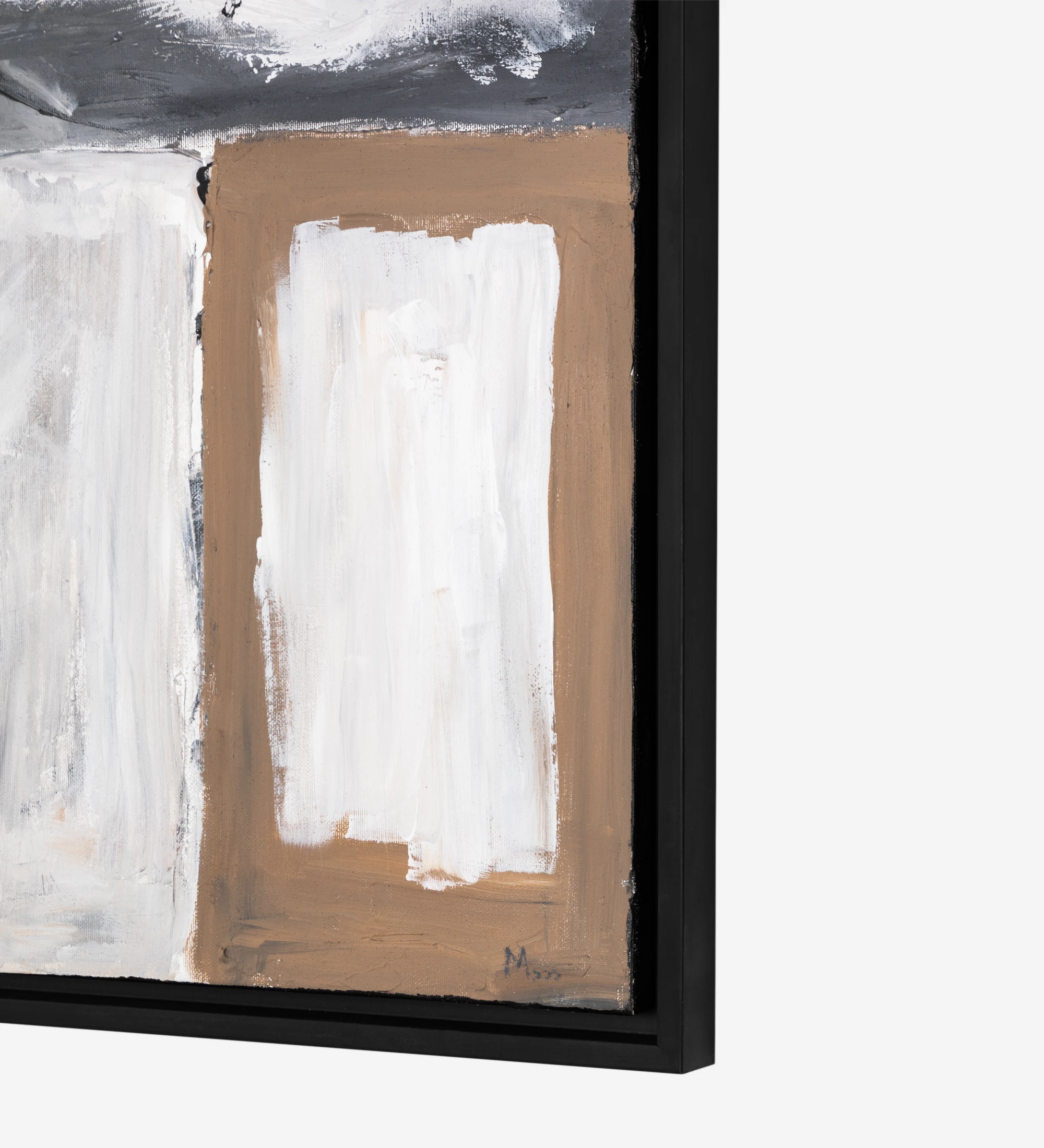 Quadro de pintura abstrata em tons bege e negro, moldura de cor negra em madeira, 64 x 84 cm.