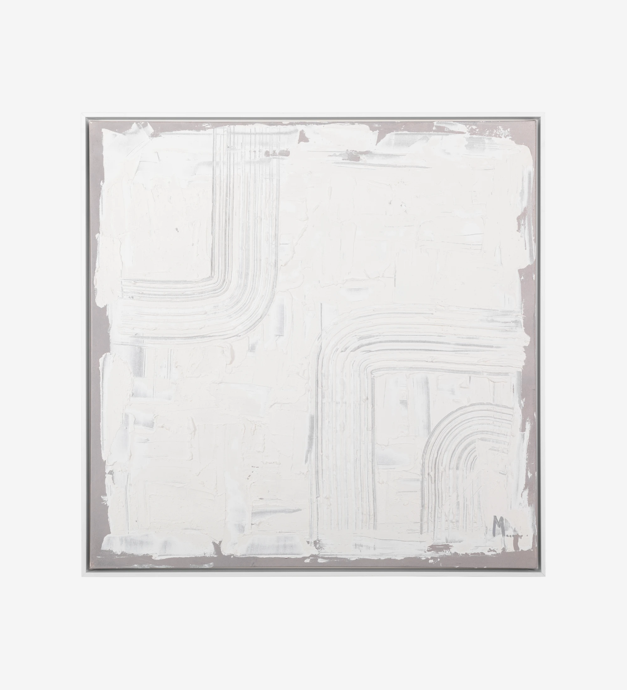 Abstract painting with relief in neutral tones, white wooden frame, 104 x 104 cm.