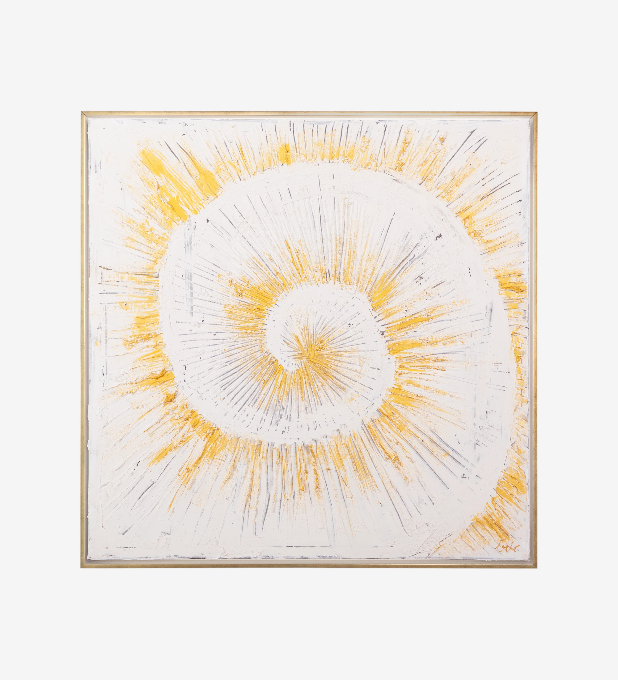 Abstract painting with relief in neutral tones, white wooden frame, 104 x 104 cm.