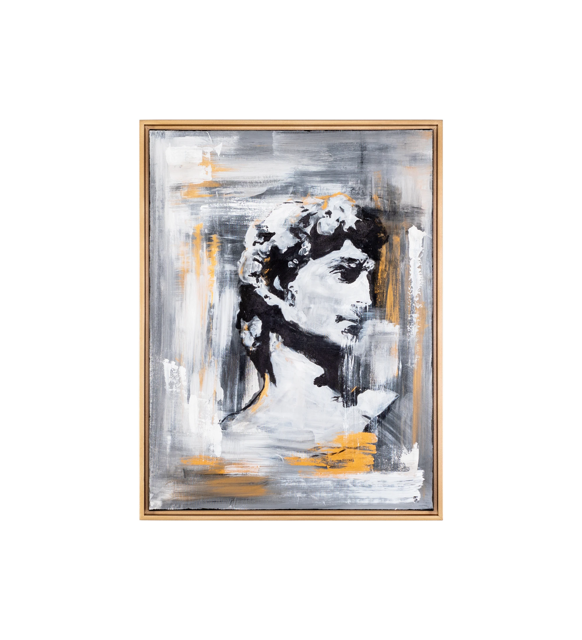 Abstract painting in gray and gold tones, golden colored wooden frame, 64 x 84 cm.