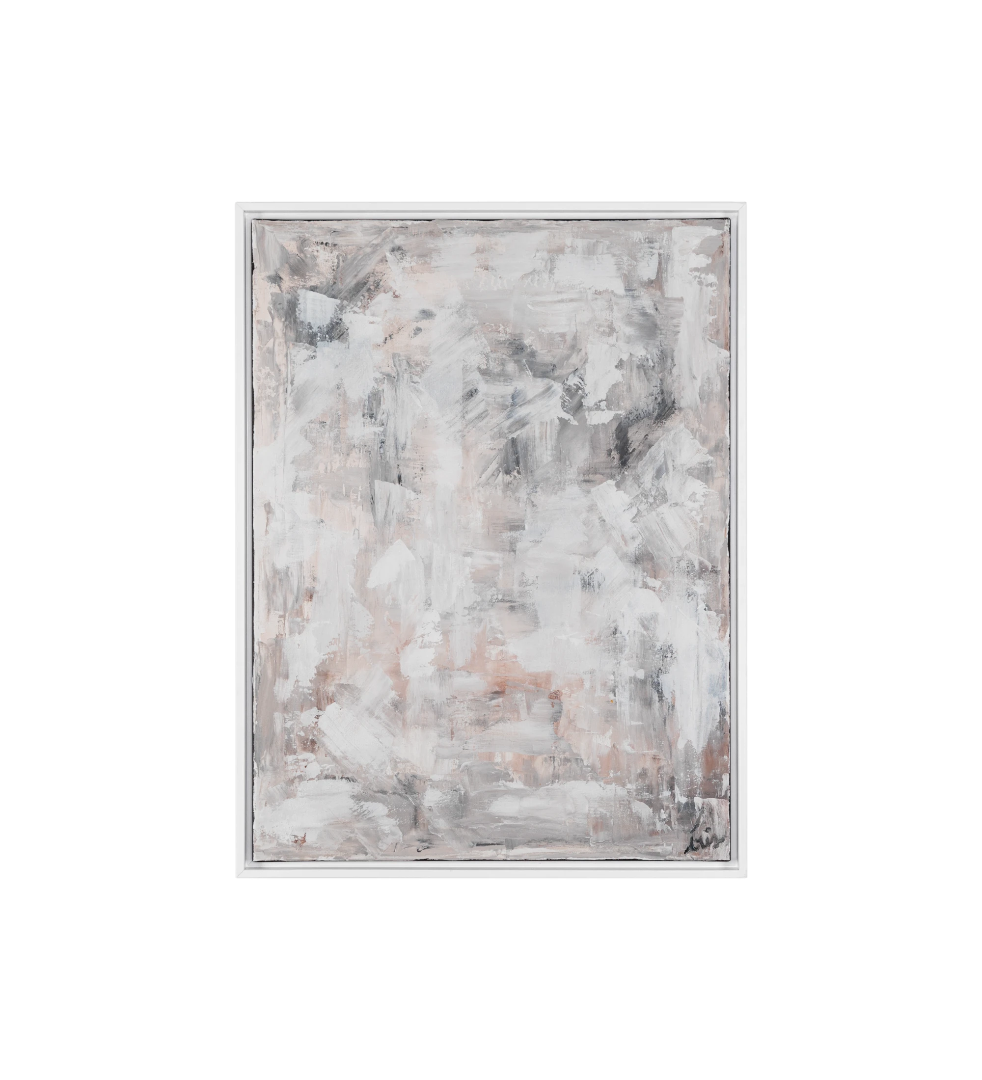 Peinture abstraite aux tons neutres, cadre en bois blanc, 64 x 84 cm.