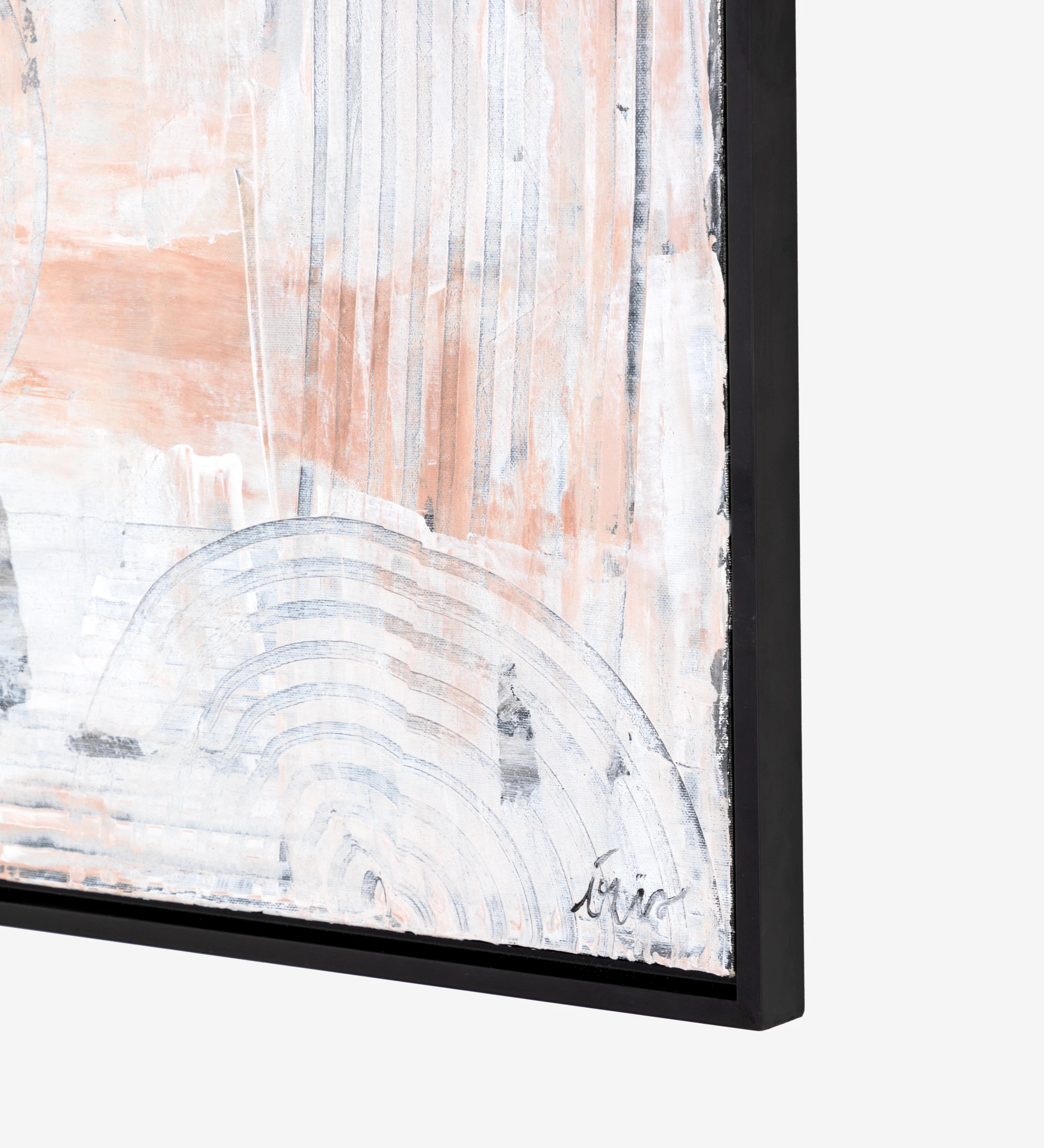Quadro de pintura abstrata em tons neutros, moldura de cor negra em madeira, 64 x 84 cm.
