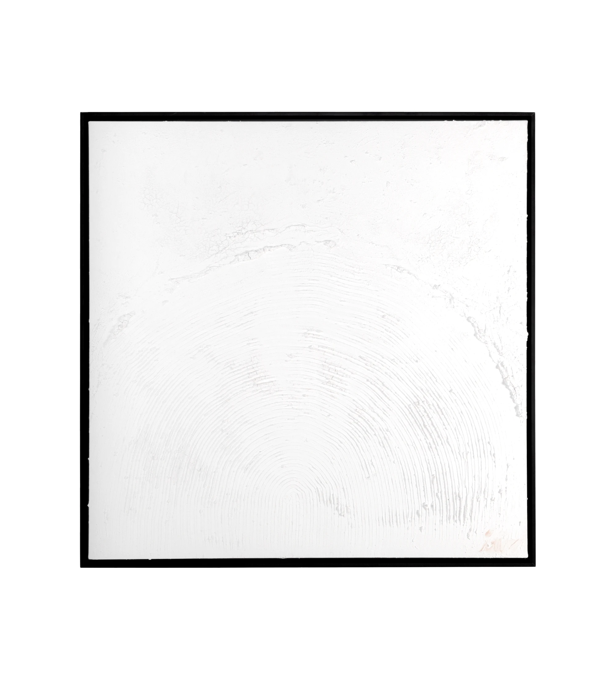 Peinture abstraite et relief dans les tons blanc, cadre en bois noir, 104 x 104 cm.