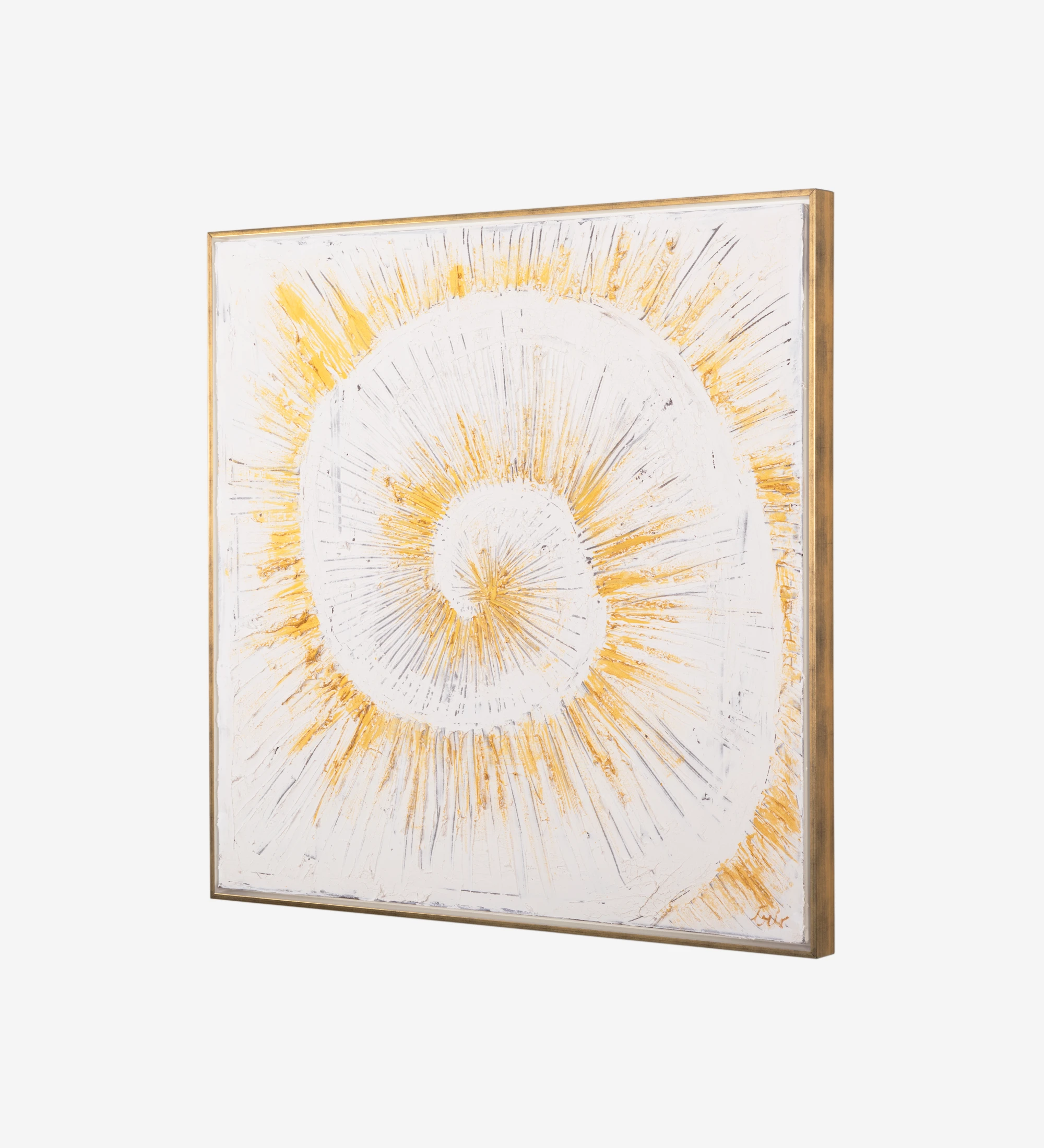 Abstract painting with relief in neutral tones, white wooden frame, 104 x 104 cm.