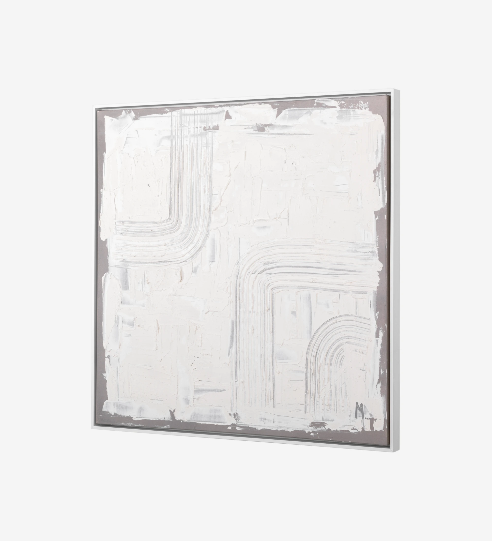 Abstract painting with relief in neutral tones, white wooden frame, 104 x 104 cm.