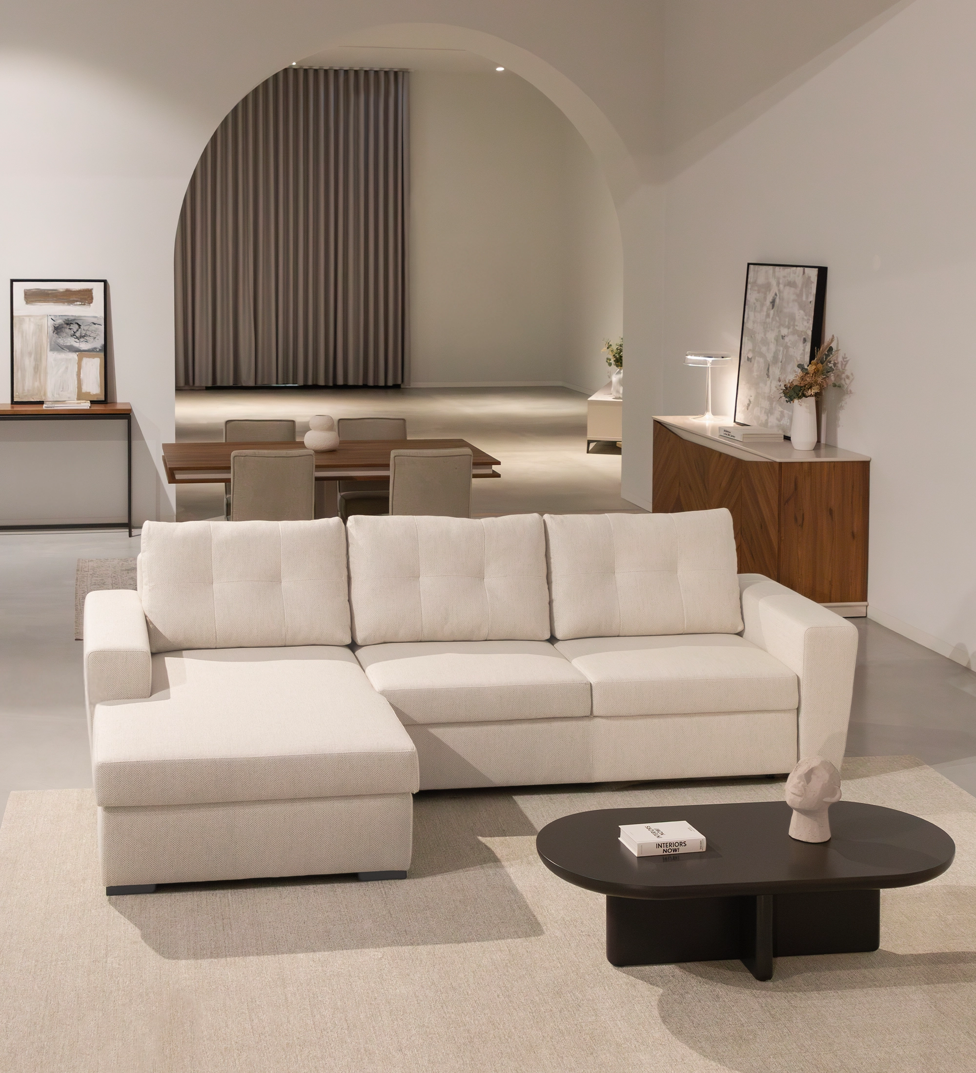 Macau 2-seater sofa bed and left chaise longue, upholstered in beige fabric, 284 cm.