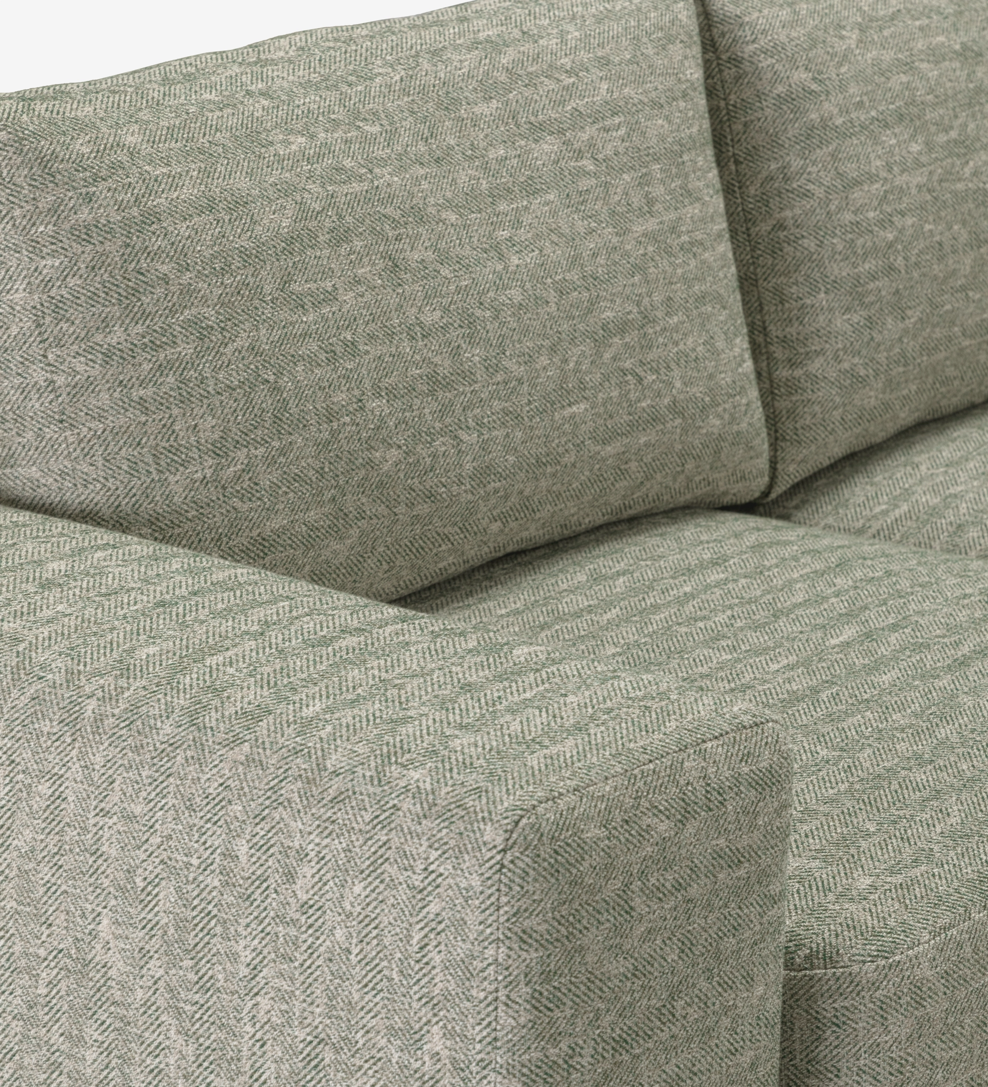 Paris 2-seater sofa and right chaise longue, upholstered in green fabric, 307 cm.