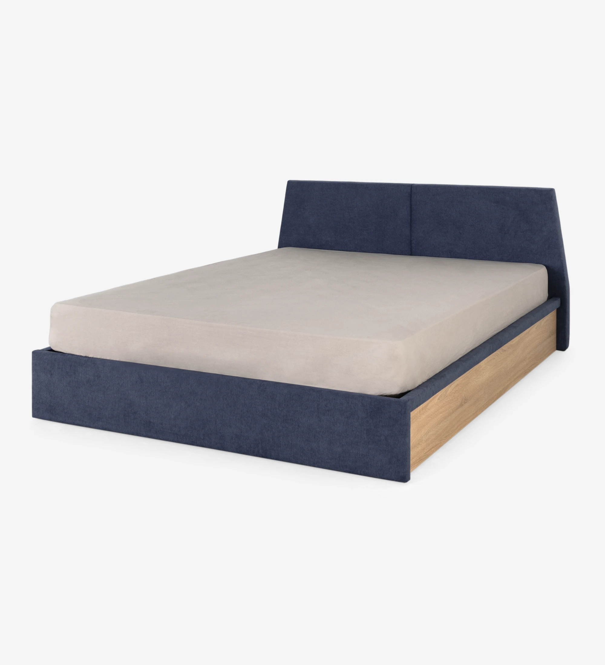 Oslo double bed, headboard and footboard upholstered in blue fabric, sides in natural oak.