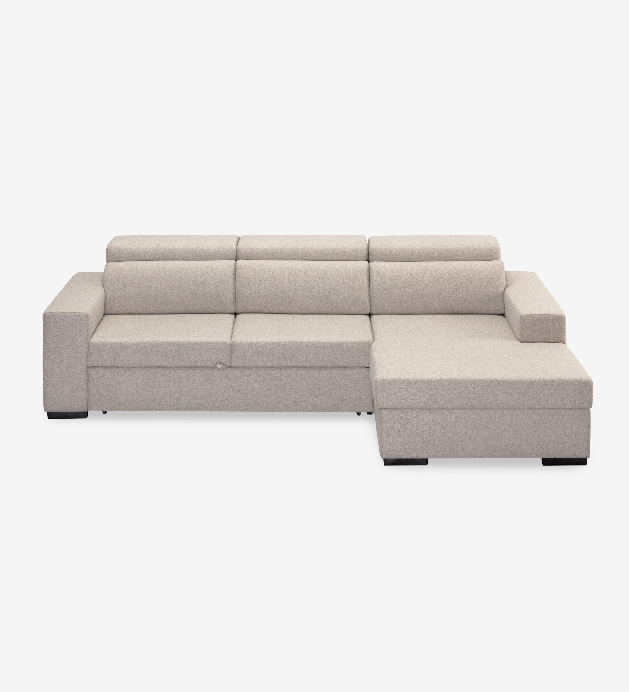 Sofá cama 2 plazas y chaise longue Évora, tapizado en tela beige, reposacabezas reclinables, asientos extensibles y almacenaje en la chaise longue, 272 cm.