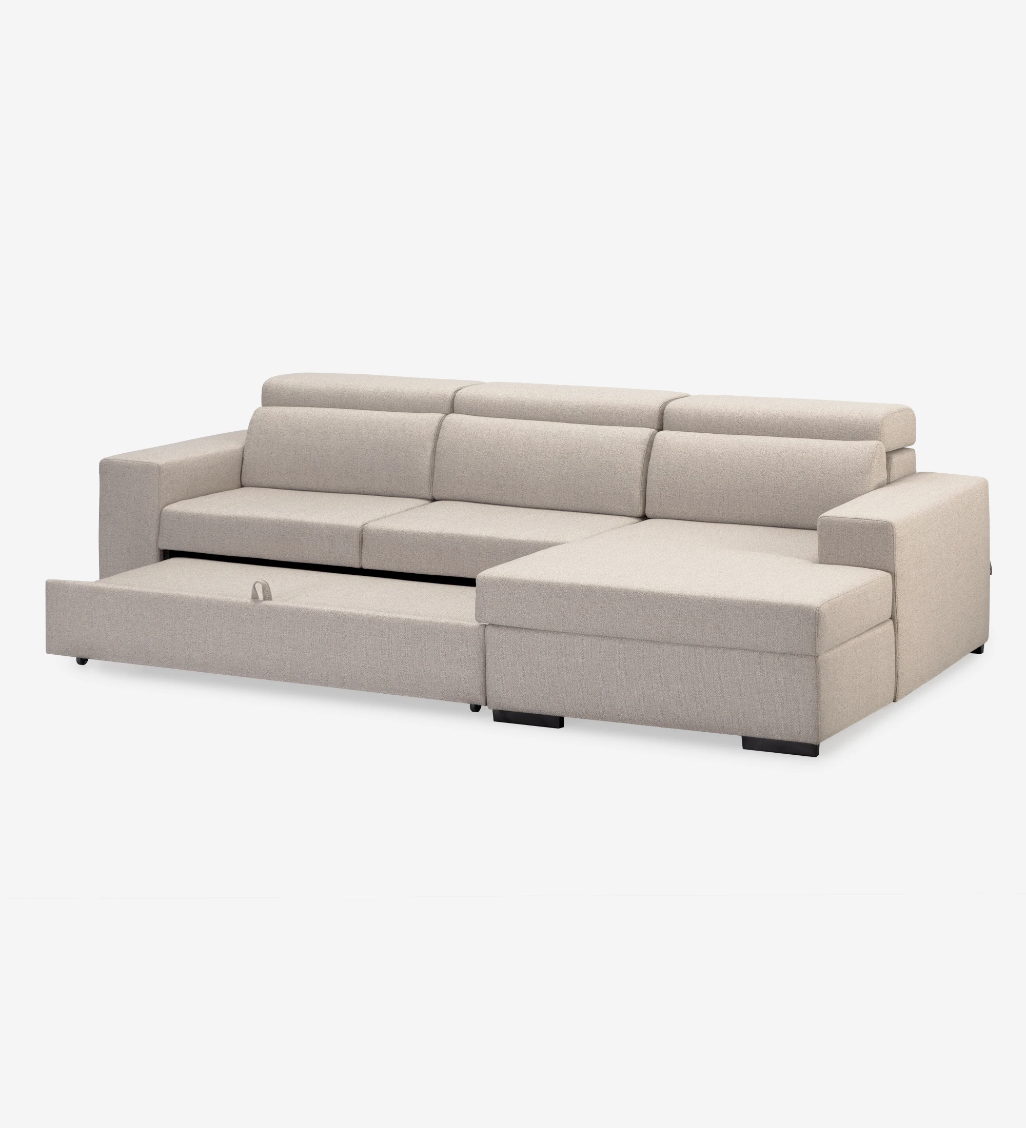 Sofá cama 2 plazas y chaise longue Évora, tapizado en tela beige, reposacabezas reclinables, asientos extensibles y almacenaje en la chaise longue, 272 cm.