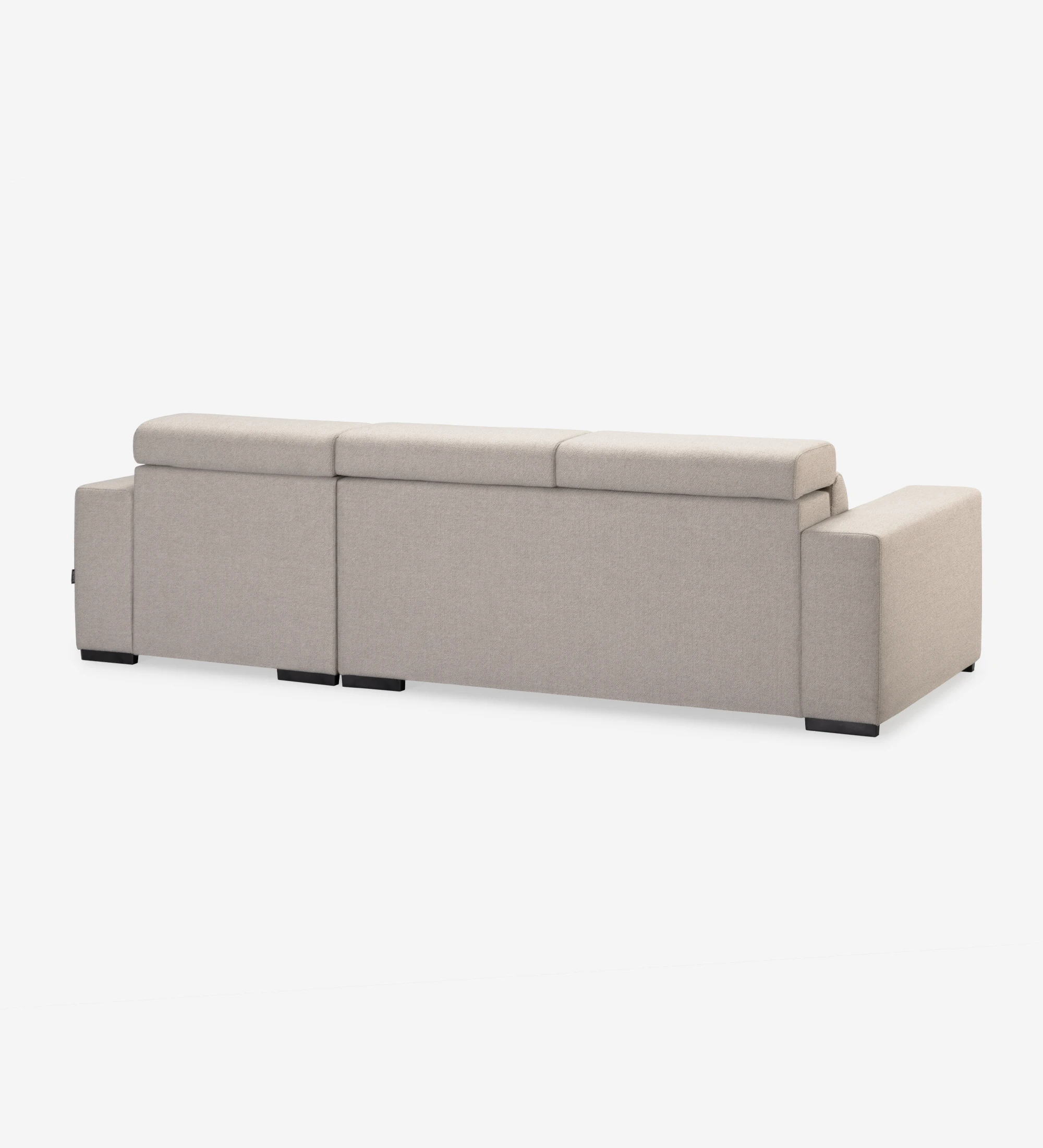 Sofá cama 2 plazas y chaise longue Évora, tapizado en tela beige, reposacabezas reclinables, asientos extensibles y almacenaje en la chaise longue, 272 cm.