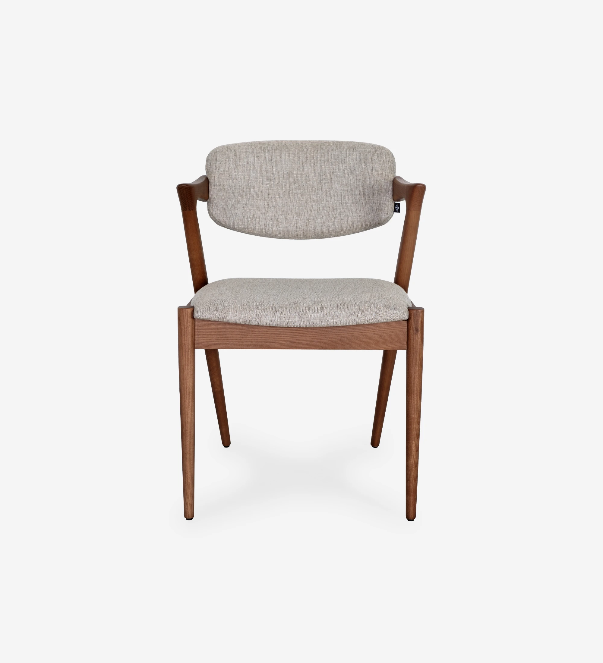 Chair in walnut-colored ash wood, with seat and back upholstered in fabric.