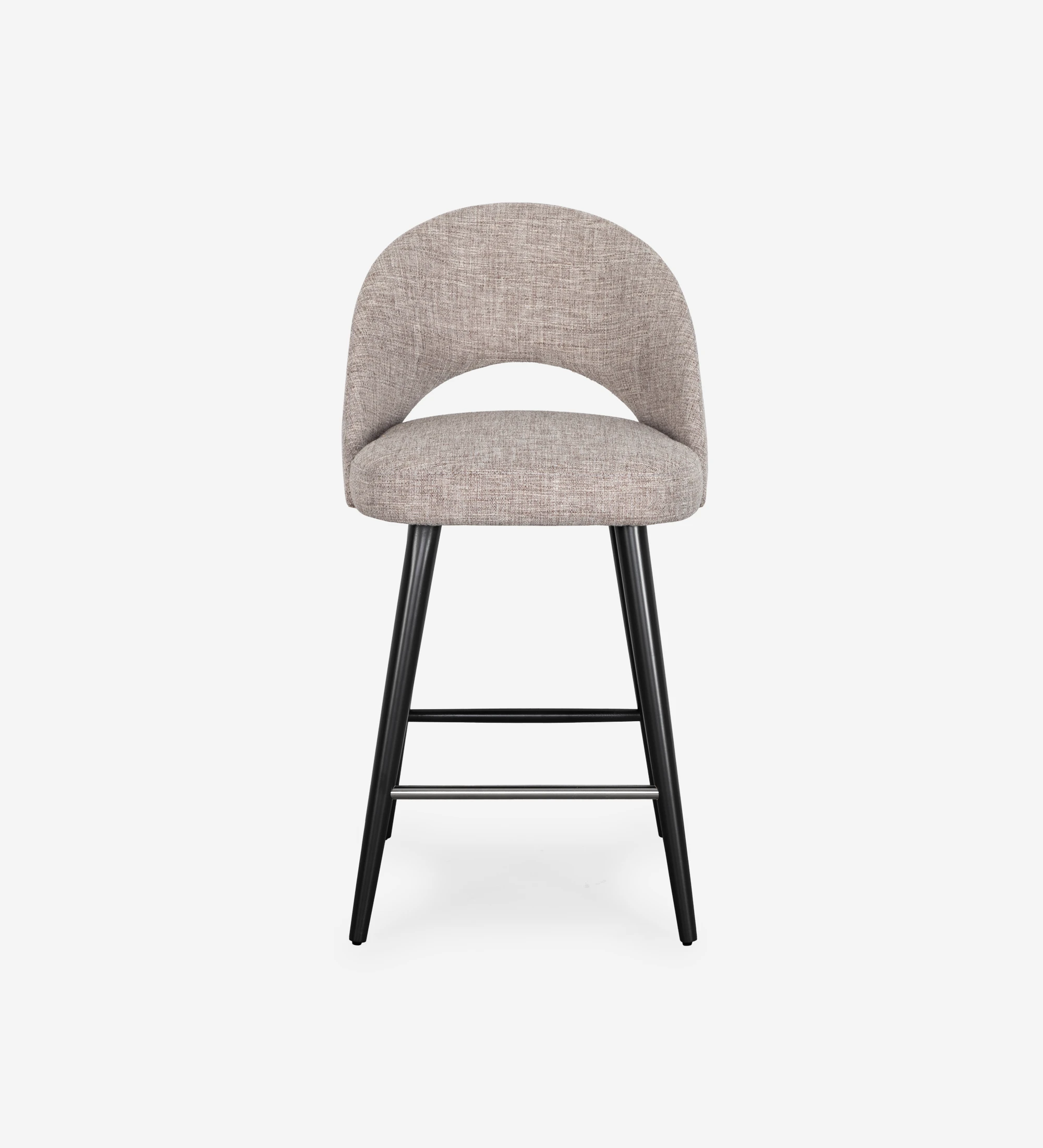 Stool with fabric upholstered, with black lacquered feet and stainless steel footrest.