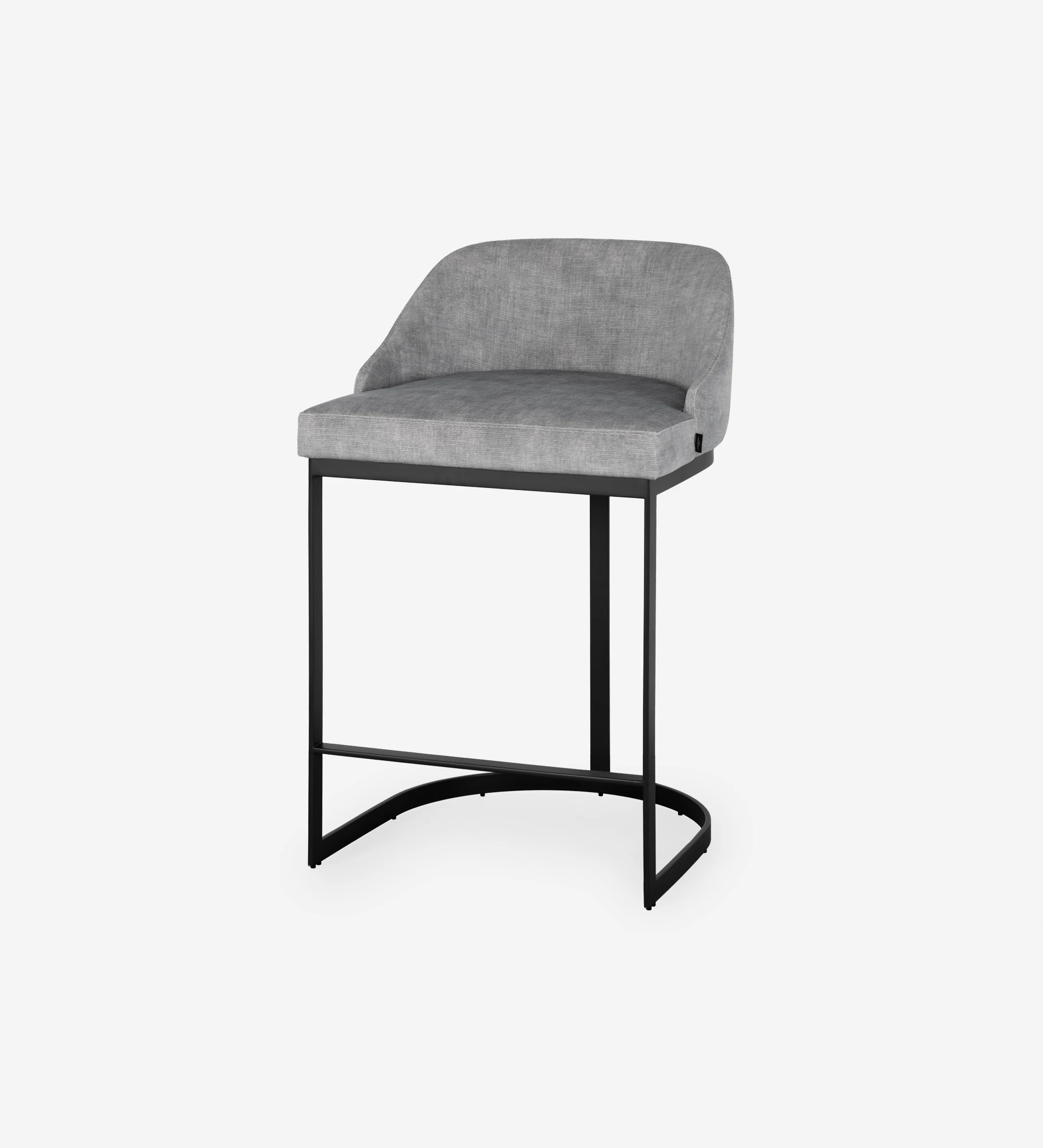 Banc avec assise et dossier recouverts de tissu velours gris, avec pied structure en métal laqué noir