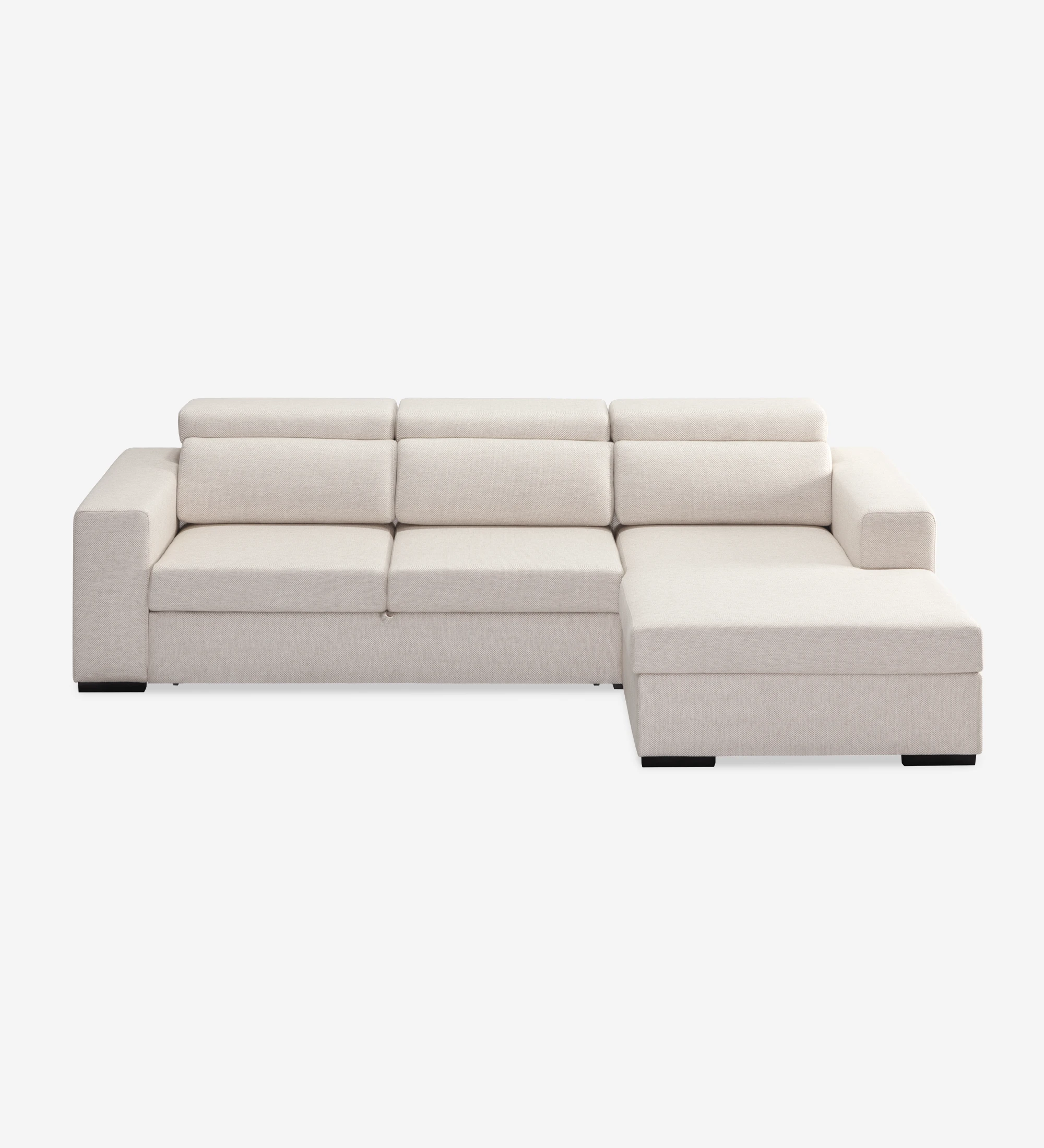 Sofá cama 2 plazas y chaise longue Évora, tapizado en tela beige, reposacabezas reclinables, almacenaje en la chaise longue, 292 cm.