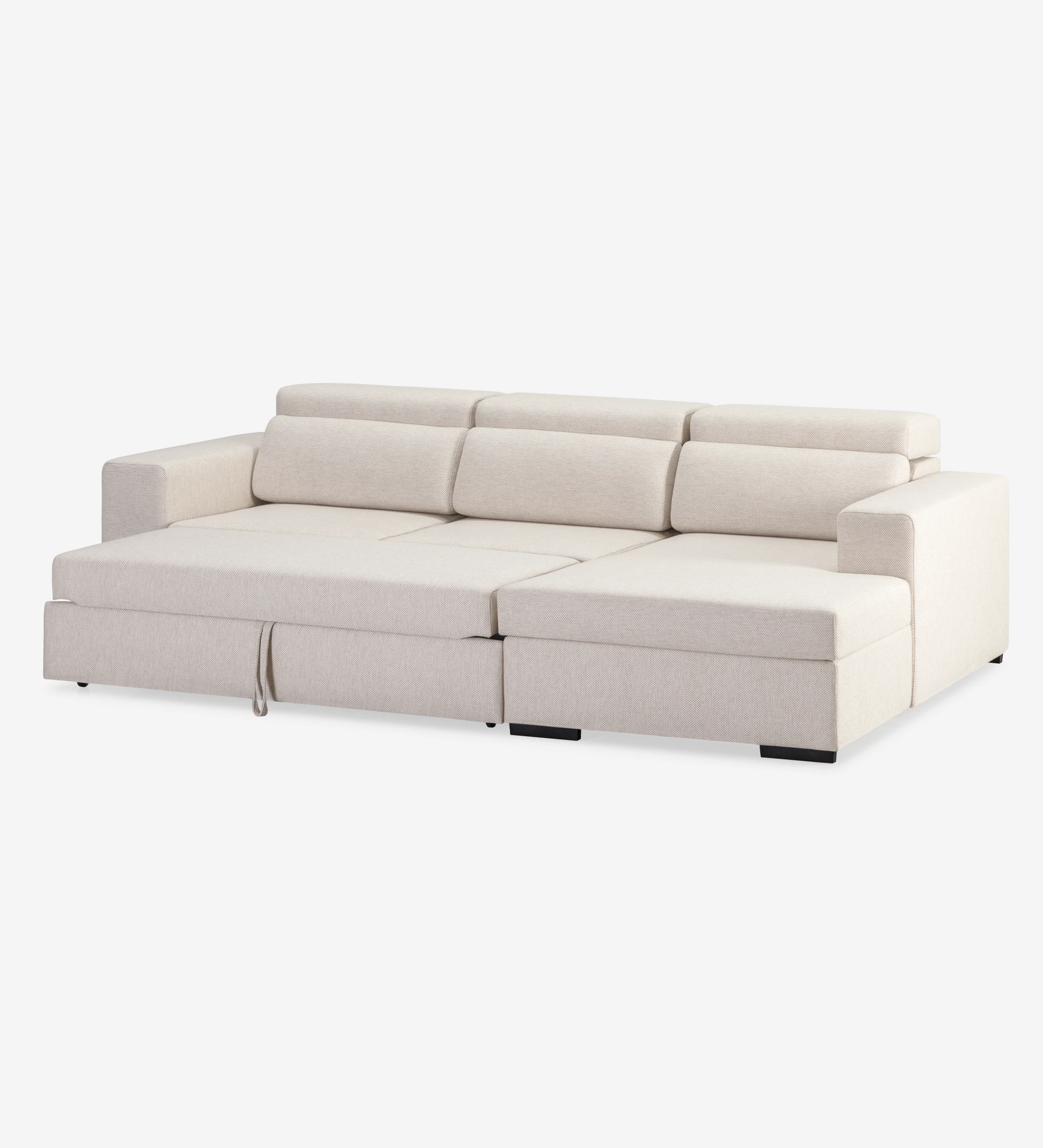 Sofá cama 2 plazas y chaise longue Évora, tapizado en tela beige, reposacabezas reclinables, almacenaje en la chaise longue, 292 cm.