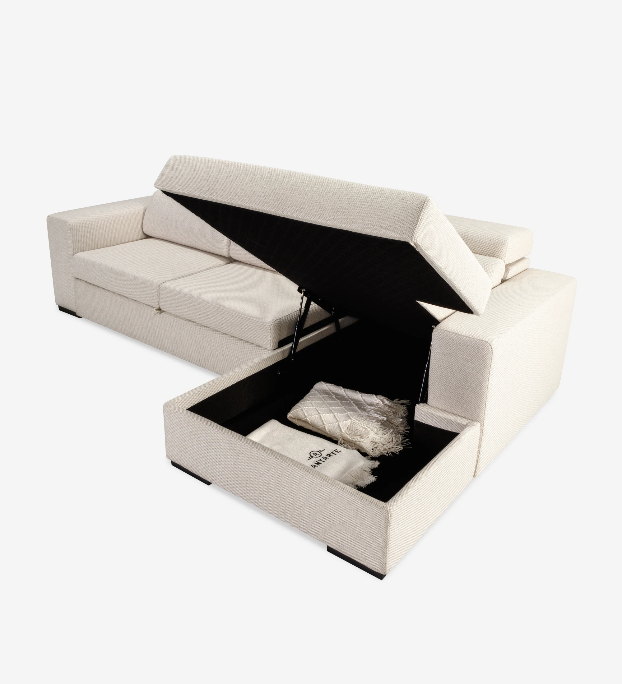 Sofá cama 2 plazas y chaise longue Évora, tapizado en tela beige, reposacabezas reclinables, almacenaje en la chaise longue, 292 cm.