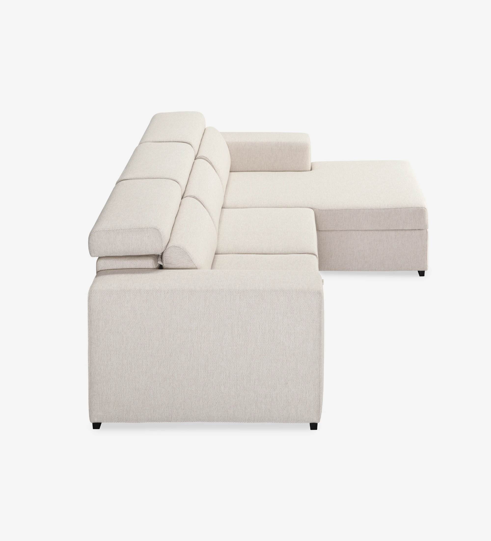 Sofá cama 2 plazas y chaise longue Évora, tapizado en tela beige, reposacabezas reclinables, almacenaje en la chaise longue, 292 cm.