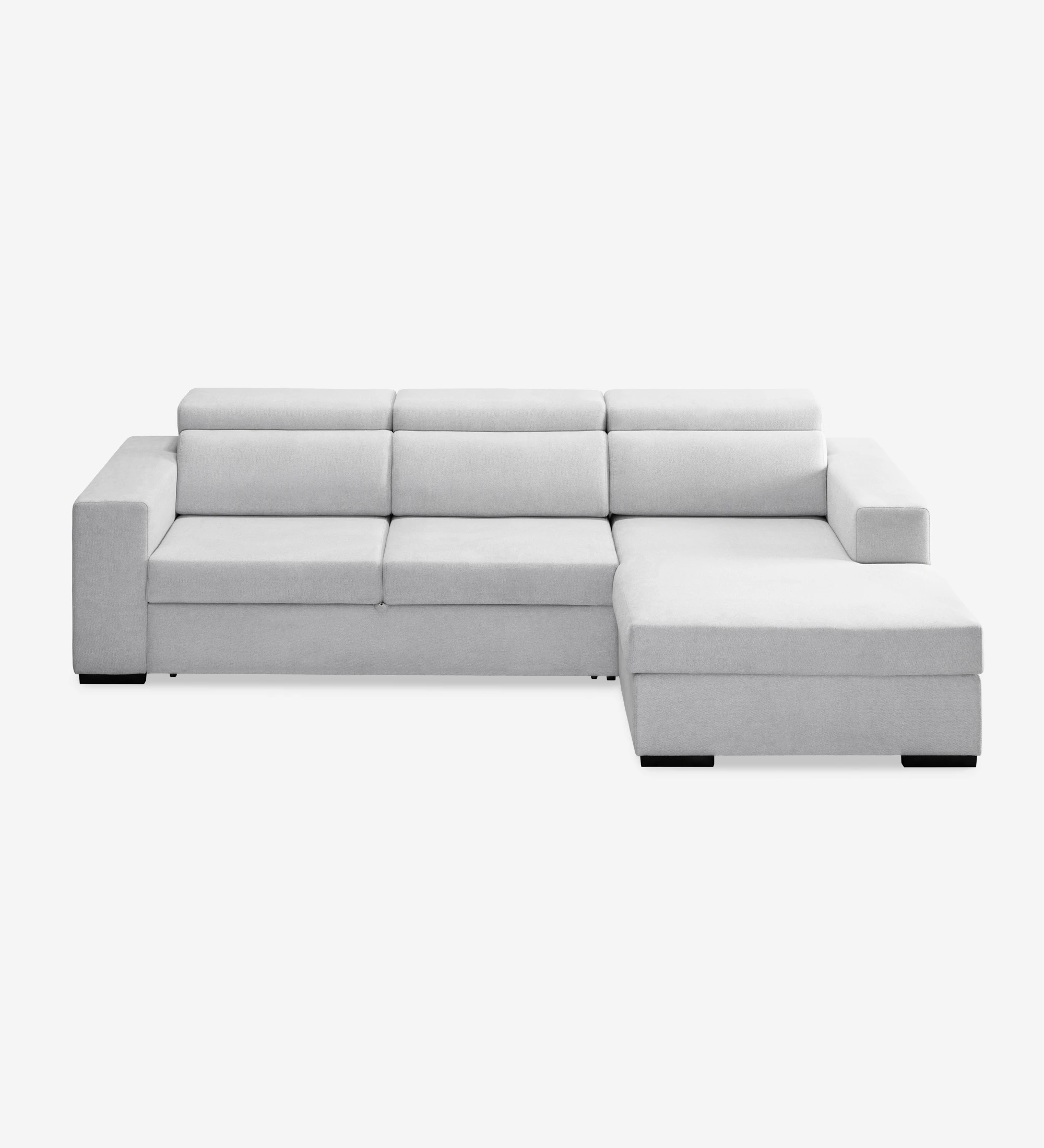 Sofá cama 2 plazas y chaise longue Évora, tapizado en tela gris, reposacabezas reclinables, almacenaje en la chaise longue, 292 cm.