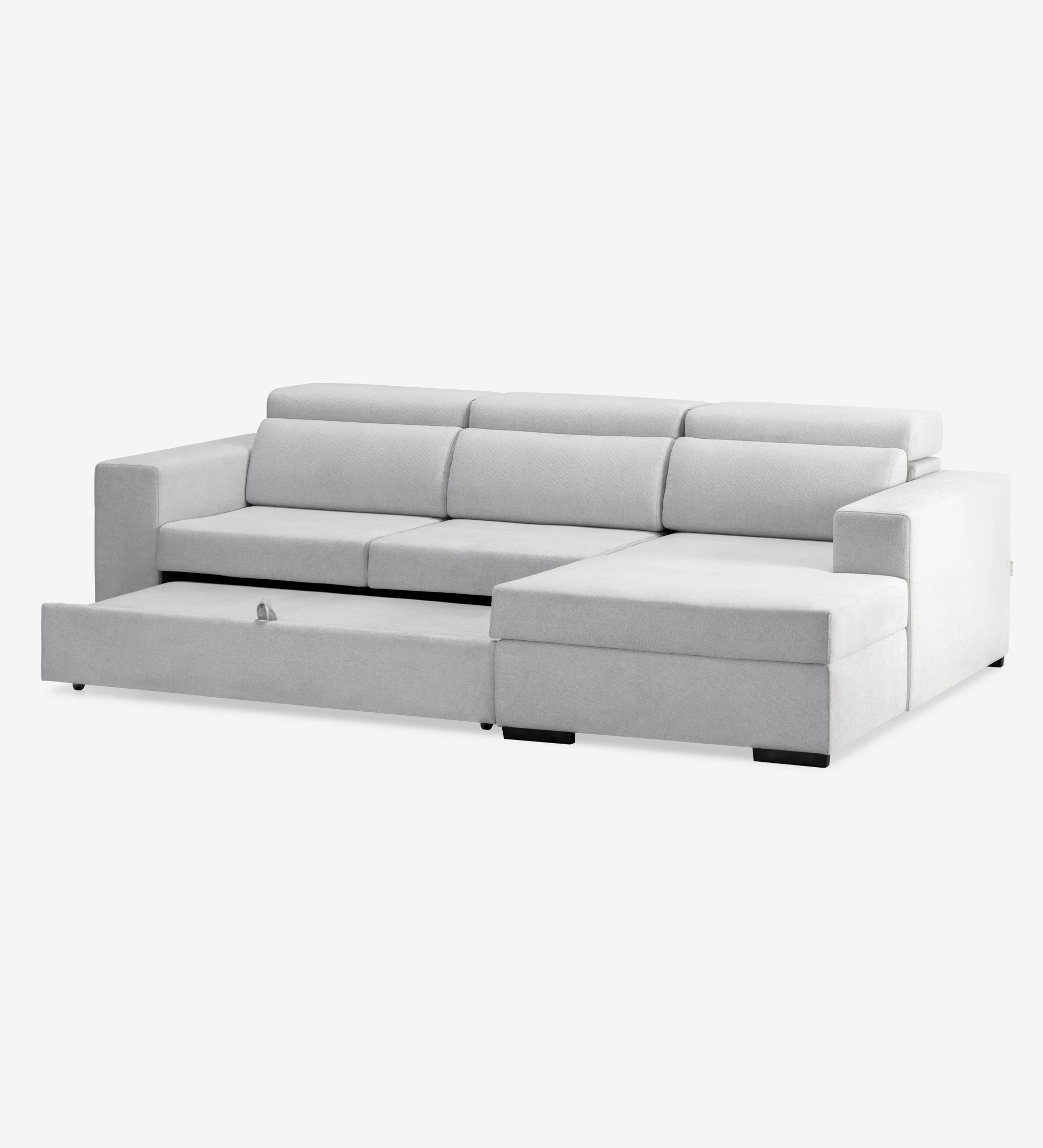 Sofá cama 2 plazas y chaise longue Évora, tapizado en tela gris, reposacabezas reclinables, almacenaje en la chaise longue, 292 cm.