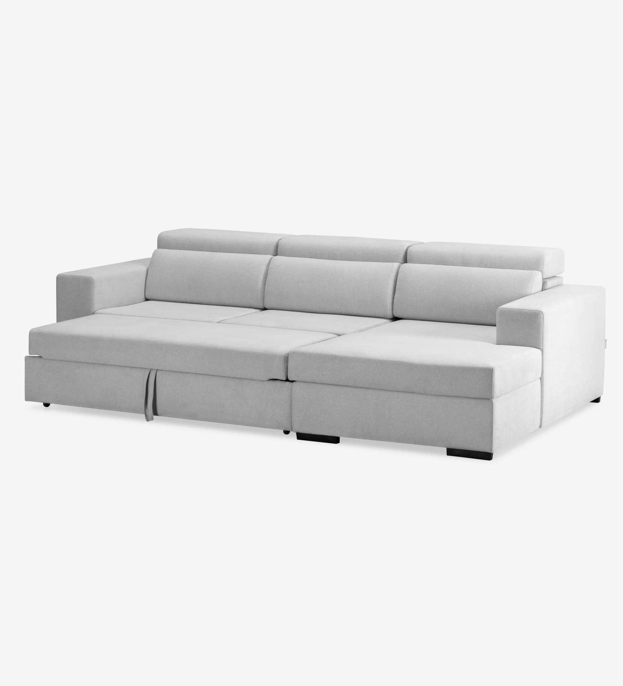 Sofá cama 2 plazas y chaise longue Évora, tapizado en tela gris, reposacabezas reclinables, almacenaje en la chaise longue, 292 cm.