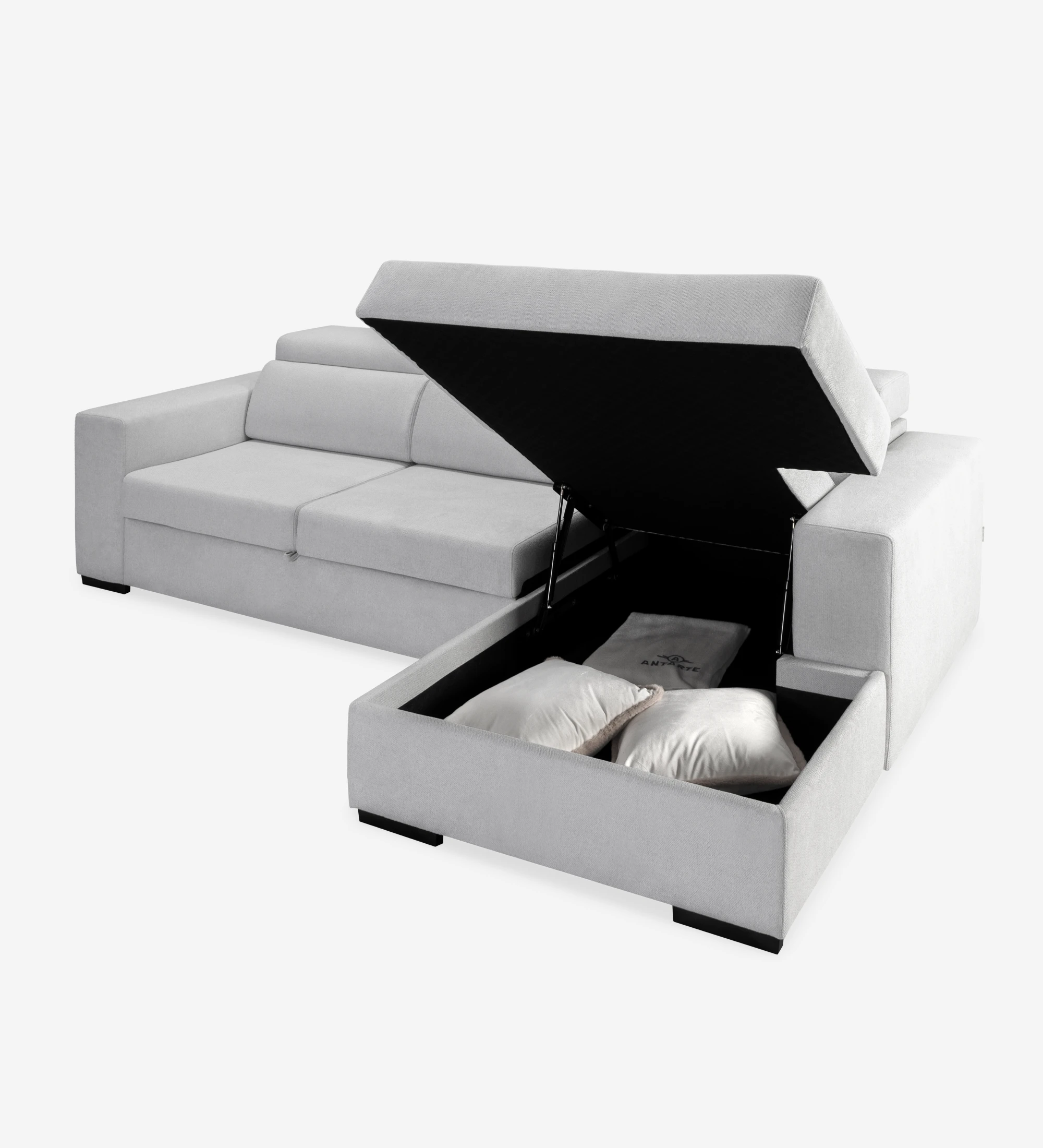 Sofá cama 2 plazas y chaise longue Évora, tapizado en tela gris, reposacabezas reclinables, almacenaje en la chaise longue, 292 cm.