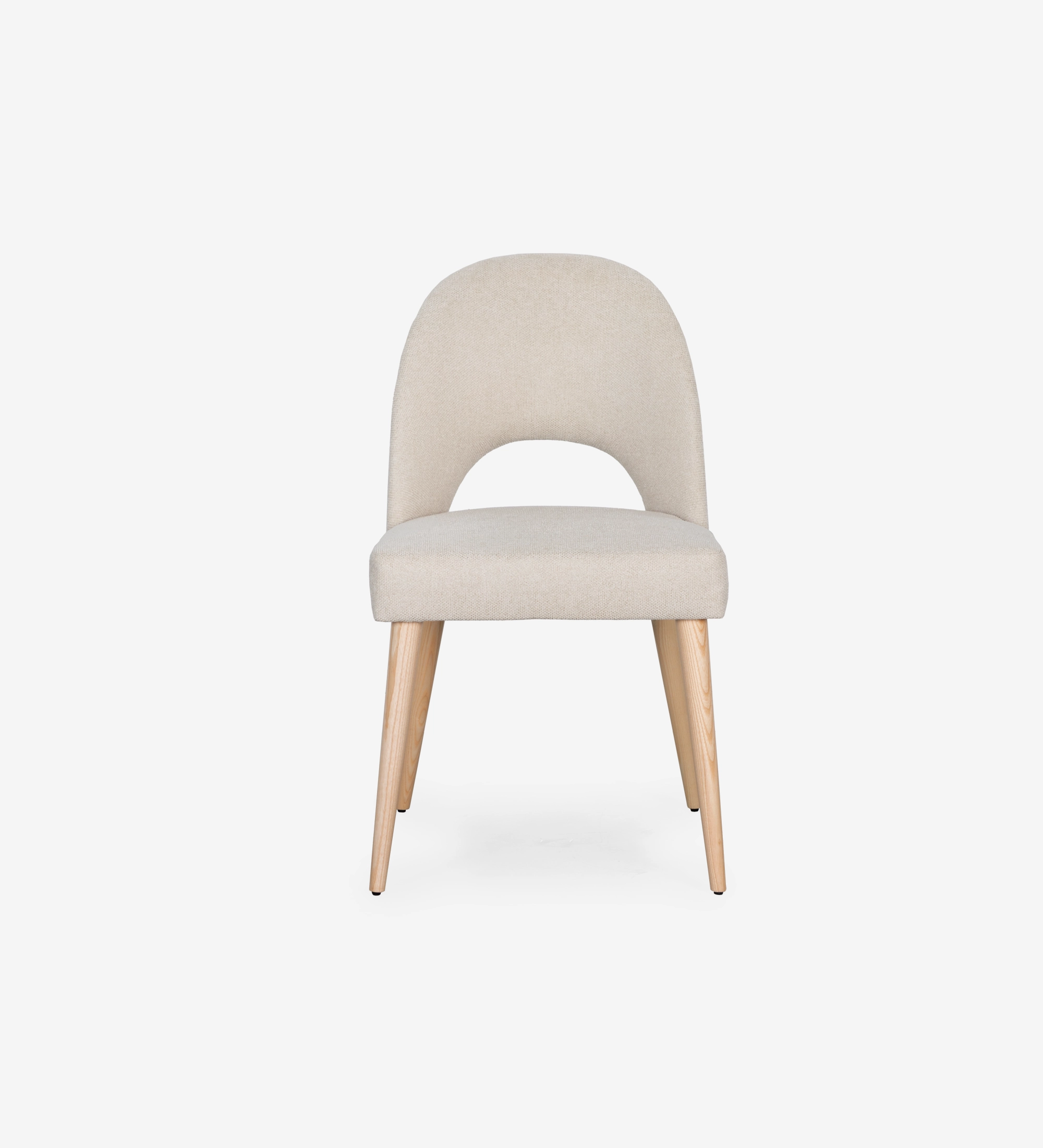 Chair upholstered in beige fabric, with natural colored wooden legs.