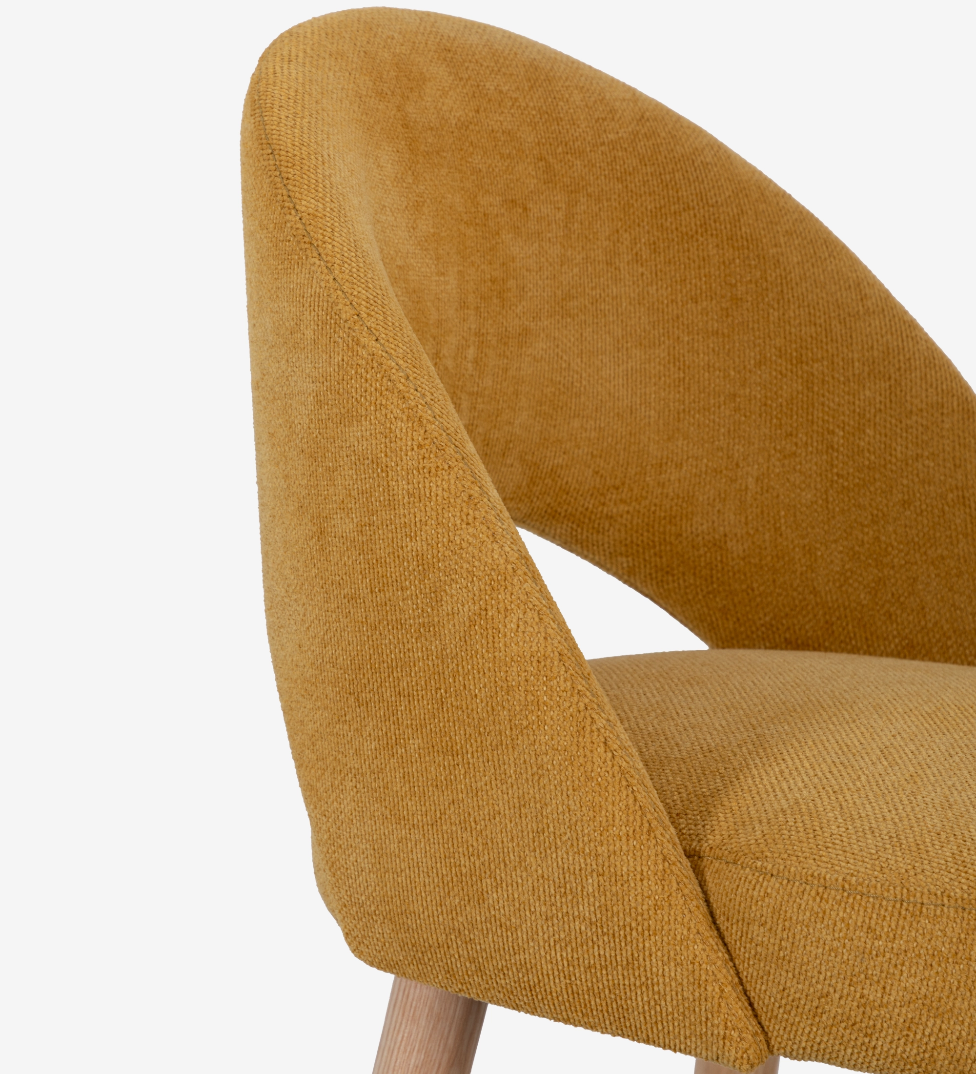 Stool upholstered in yellow fabric, with natural colored wooden legs.