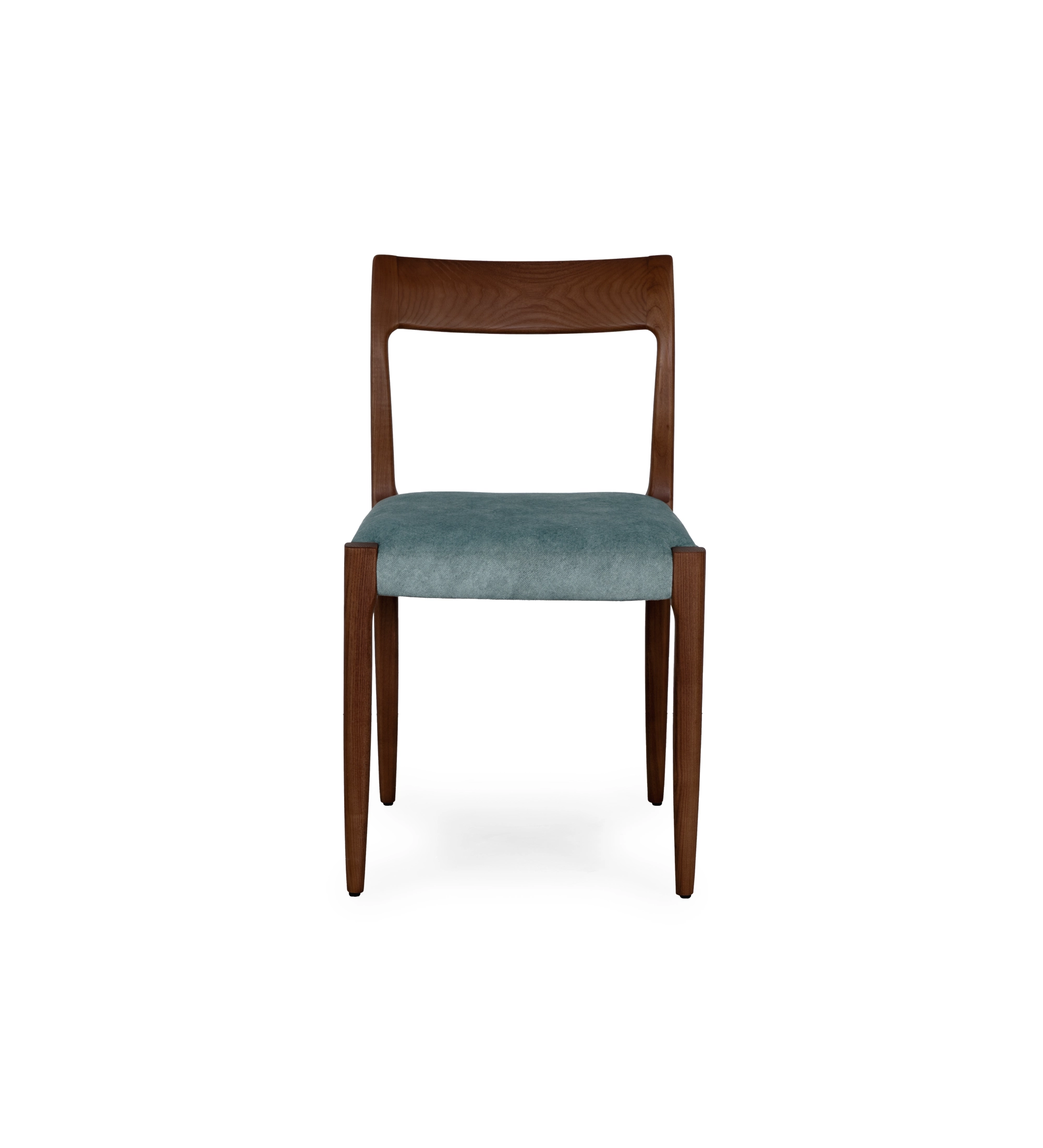 Walnut colored wooden chair with seat upholstered in blue fabric.