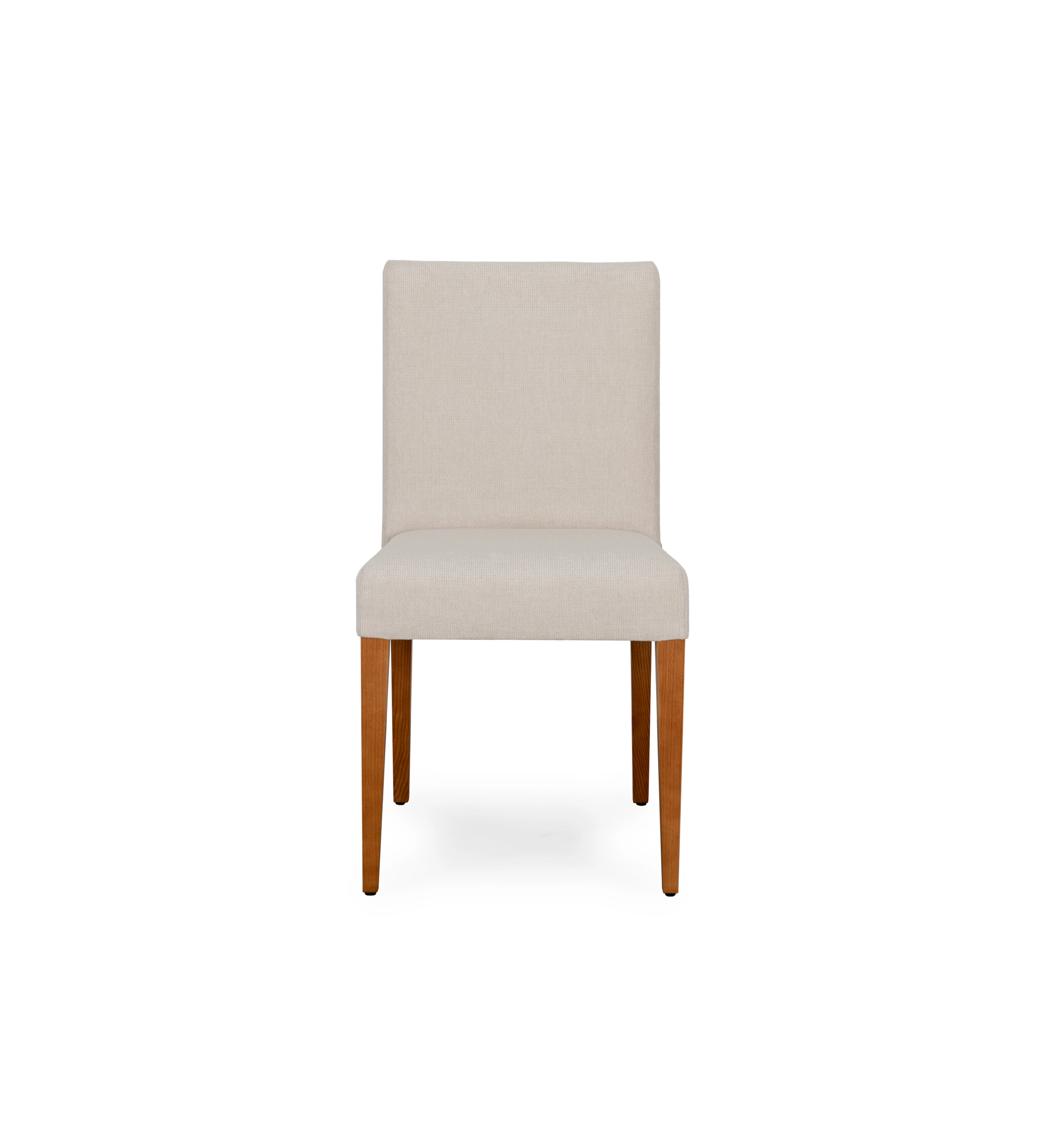 Chair upholstered in beige fabric, with honey-colored wooden legs.