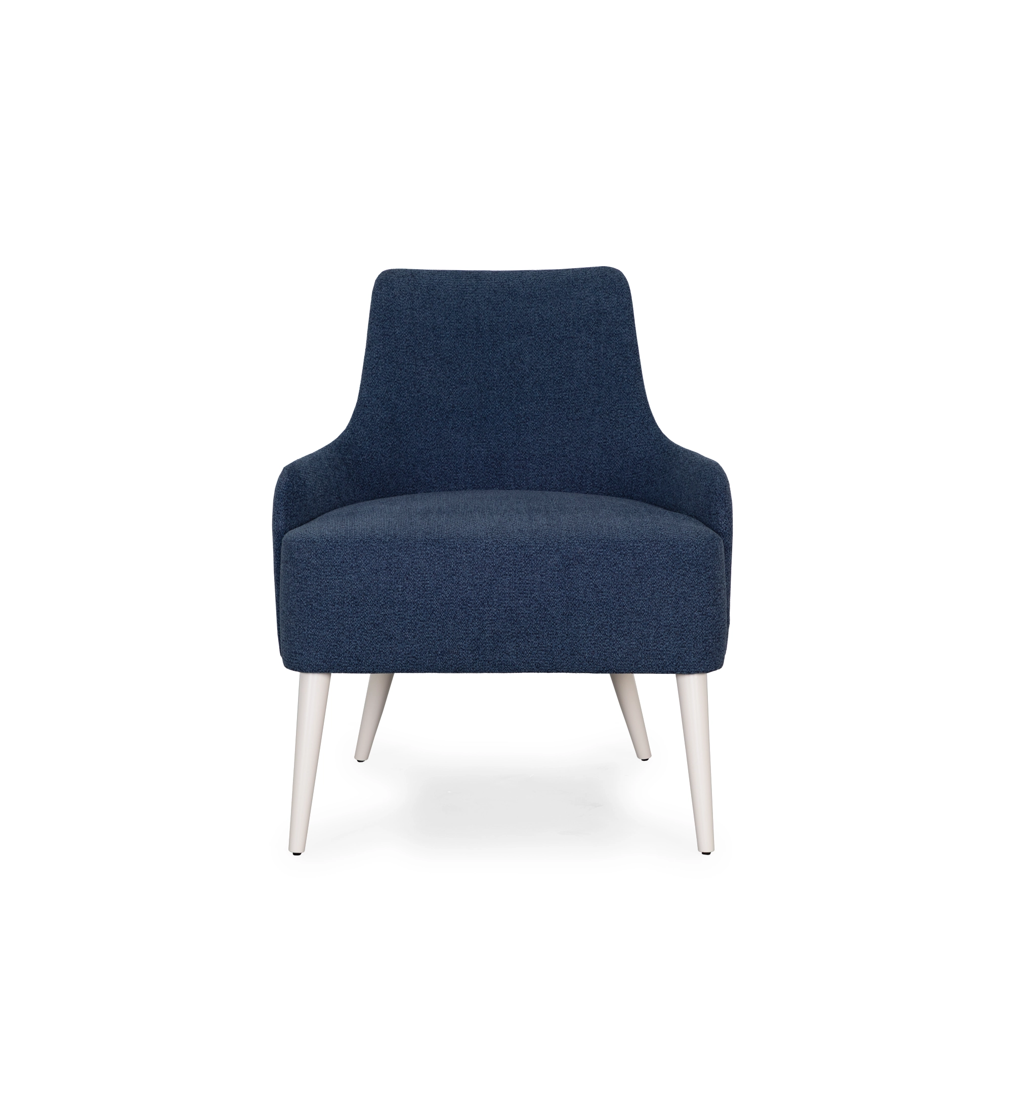 Fauteuil Oslo recouvert en tissu bleu, pieds laqués perle.